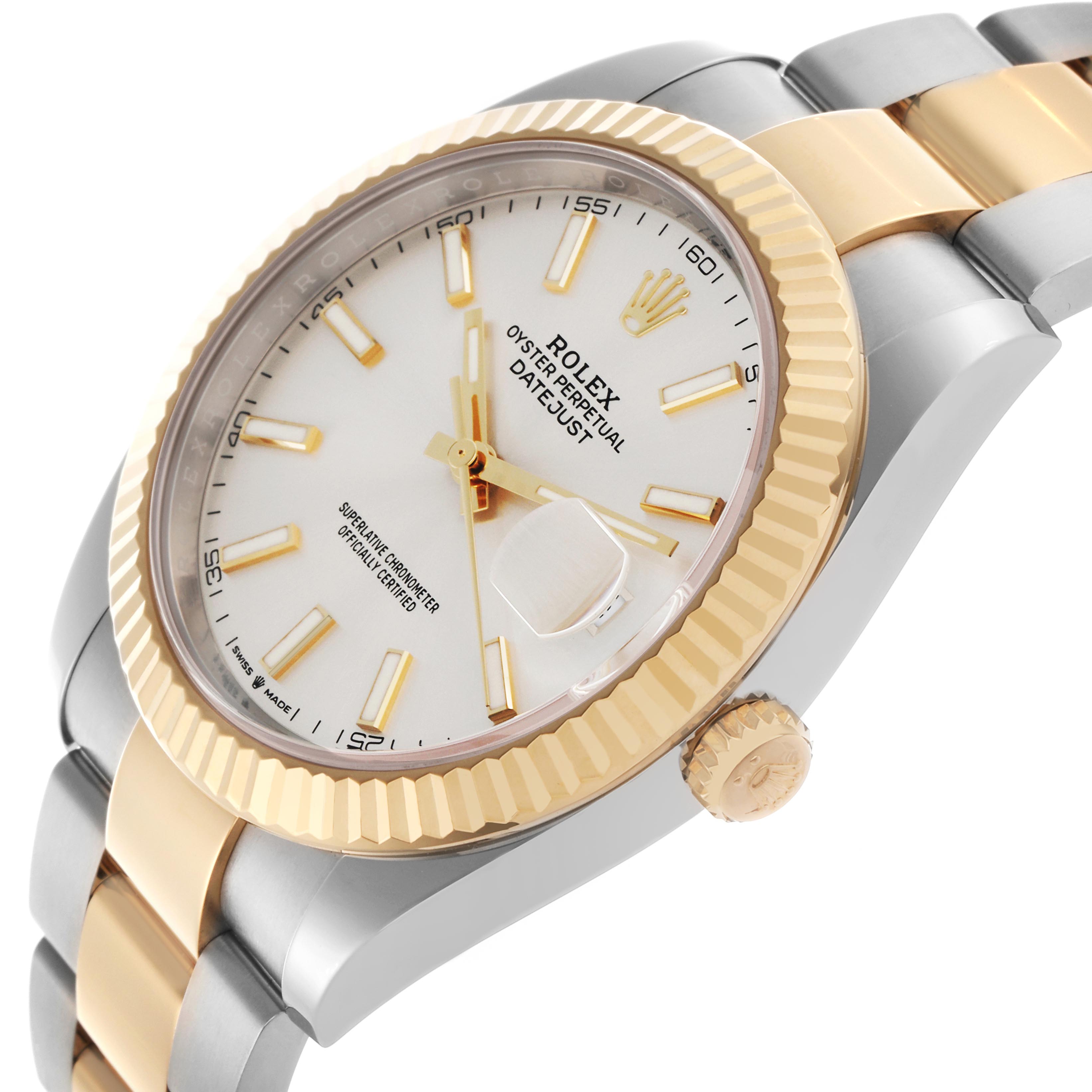 The Rolex Datejust 41 126333 Men
s Steel and Gold (two tone) Silver Dial 126333 Men
s Steel and Gold (two tone) Silver Dial is shown at an angled view, highlighting the gold bezel, dial, and two-tone bracelet.