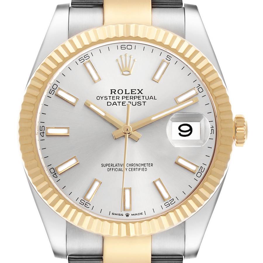The Rolex Datejust 41 watch is shown from a front angle, highlighting the face, bezel, and part of the bracelet.