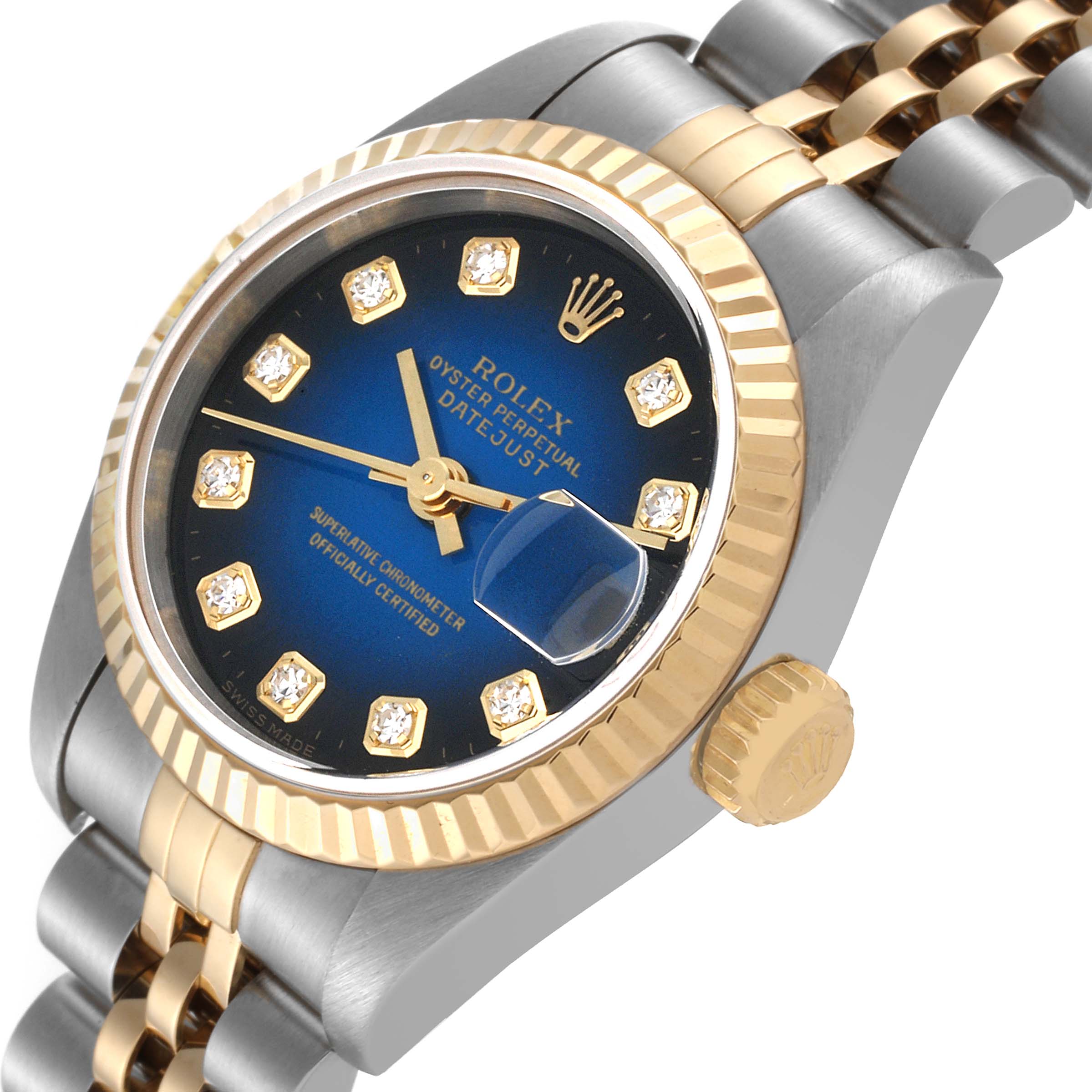 The image shows a side angle of the Rolex Datejust 69173 Women's Steel and Gold (two tone) Blue Dial 69173 Women's Steel and Gold (two tone) Blue Dial watch, highlighting the bezel, crown, and part of the bracelet.