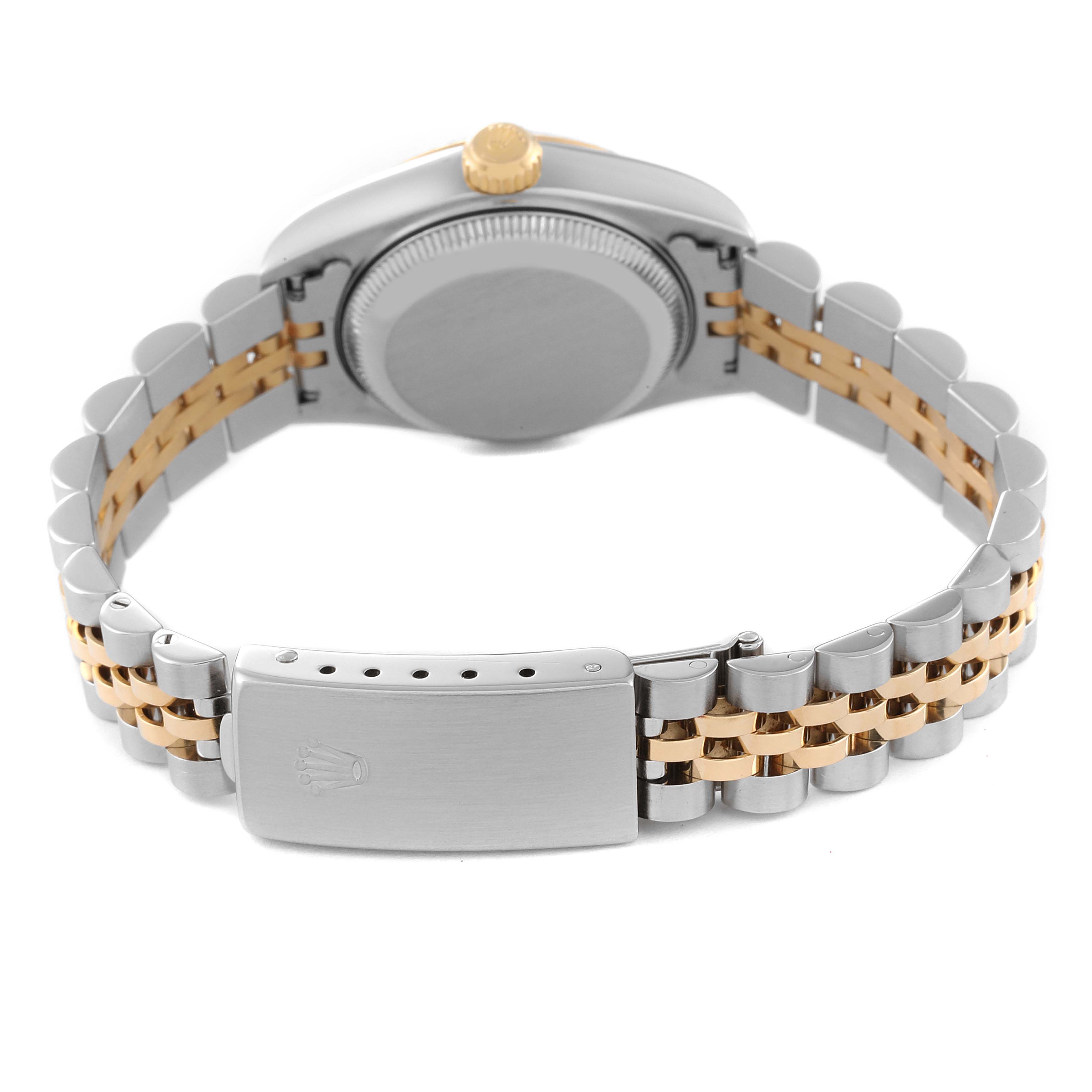 This image shows the back of a Rolex Datejust 69173 Women's Steel and Gold (two tone) Blue Dial 69173 Women's Steel and Gold (two tone) Blue Dial watch, including the caseback, crown, and two-tone bracelet with the clasp.