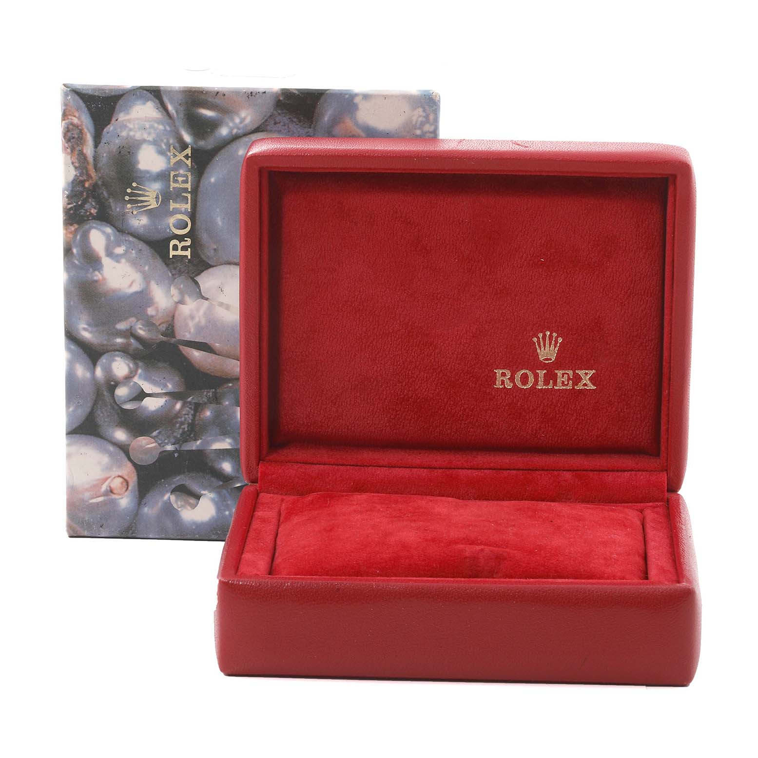 This is an image of a red Rolex Datejust 69173 Women's Steel and Gold (two tone) Blue Dial 69173 Women's Steel and Gold (two tone) Blue Dial watch box, with the lid open, showing the interior lining and a pillow.