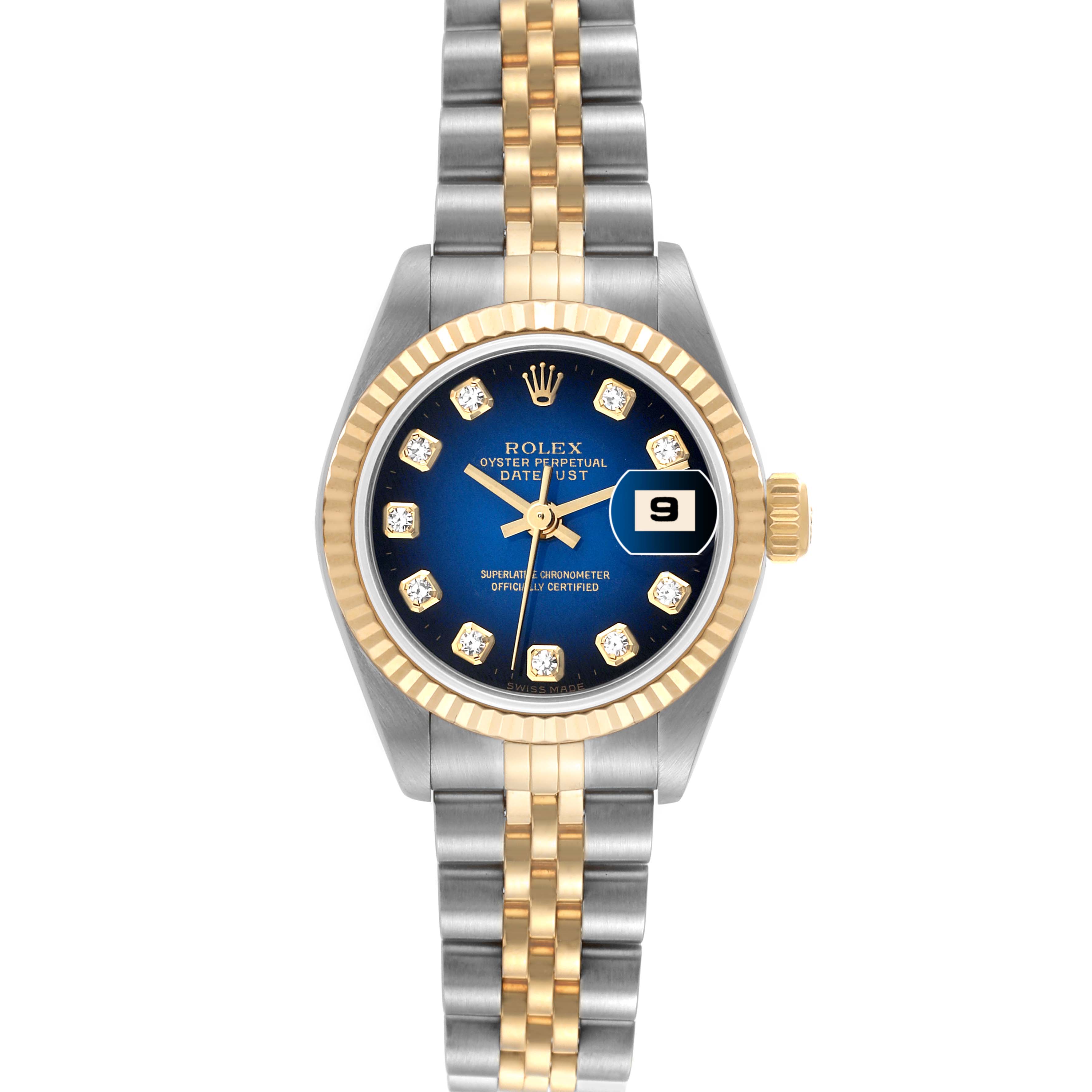 This Rolex Datejust 69173 Women's Steel and Gold (two tone) Blue Dial 69173 Women's Steel and Gold (two tone) Blue Dial watch is shown from a top-down angle, displaying the blue dial, two-tone jubilee bracelet, and date window.