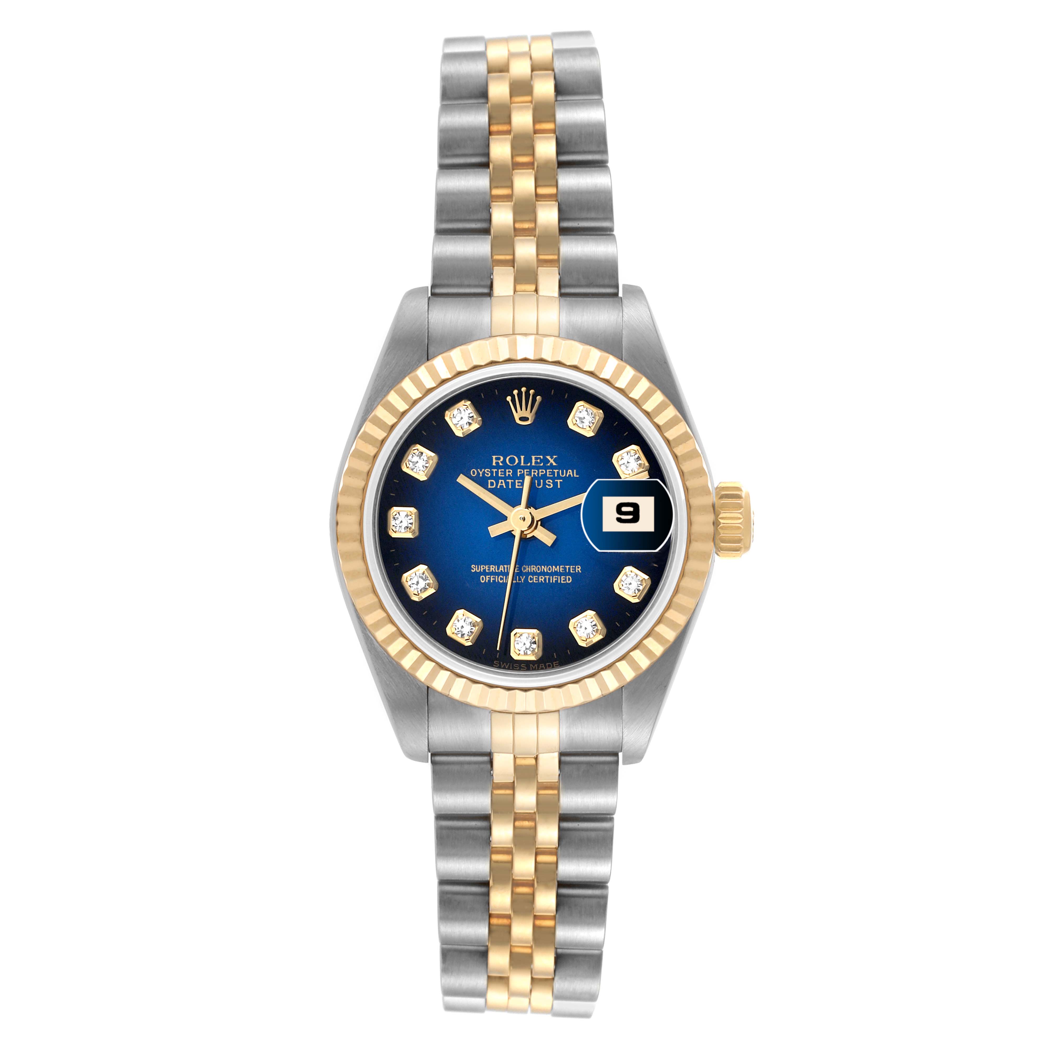 The image shows a Rolex Datejust 69173 Women's Steel and Gold (two tone) Blue Dial 69173 Women's Steel and Gold (two tone) Blue Dial watch front view, revealing the dial, bezel, hour markers, and bracelet.