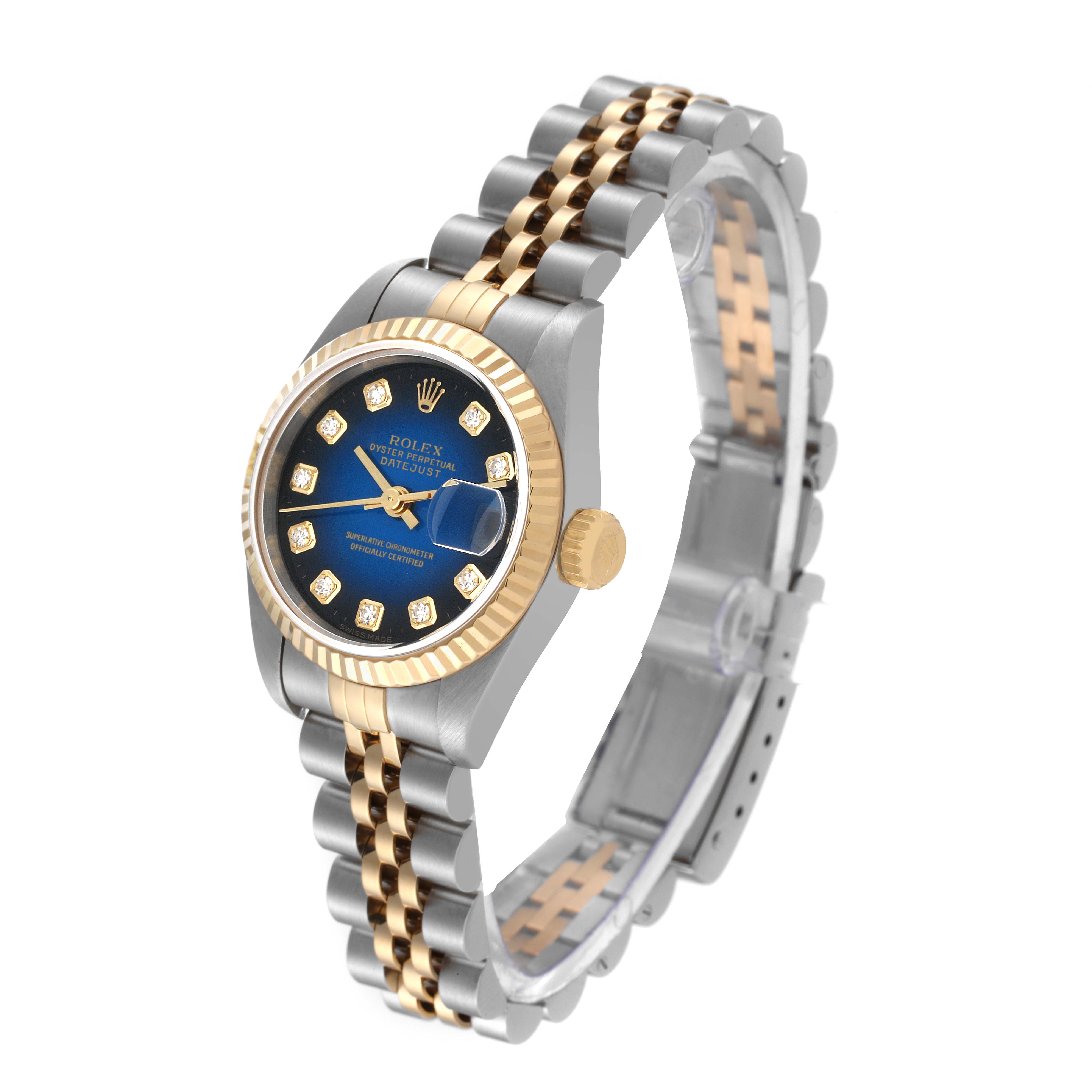 This image shows a Rolex Datejust 69173 Women's Steel and Gold (two tone) Blue Dial 69173 Women's Steel and Gold (two tone) Blue Dial watch viewed at a slight angle, displaying the face, bezel, crown, and two-tone bracelet.