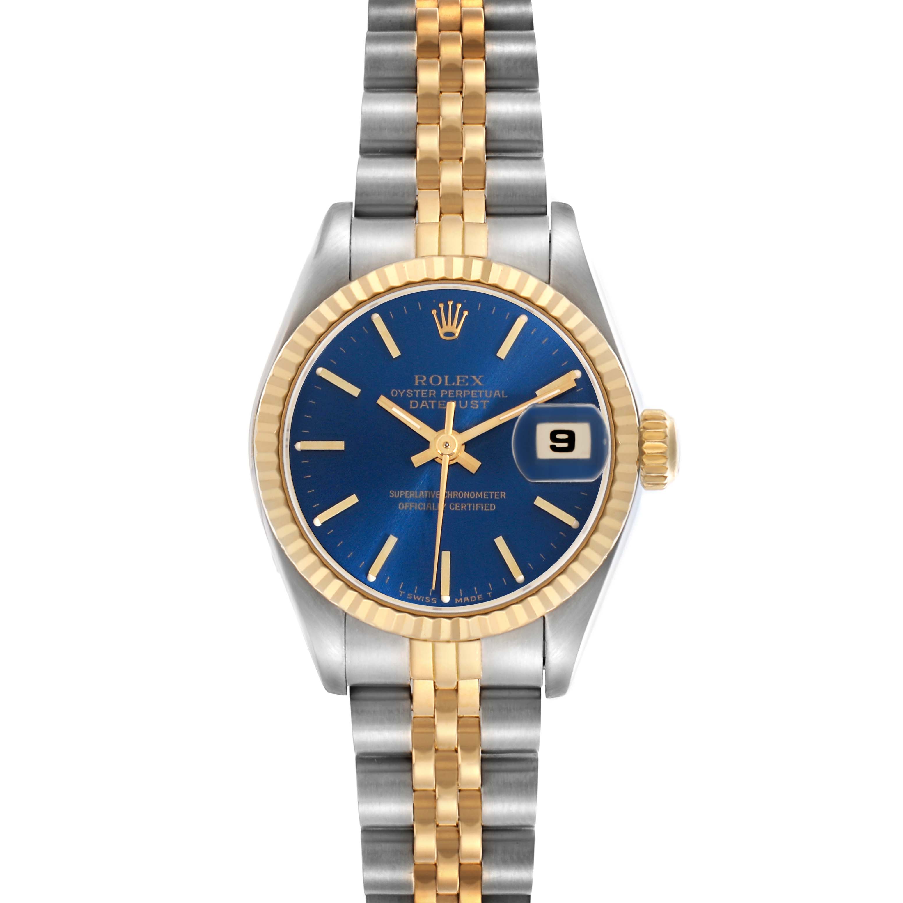 The Rolex Datejust 69173 Women
s Steel and Gold (two tone) Blue Dial 69173 Women
s Steel and Gold (two tone) Blue Dial watch is shown from a front view, displaying the blue dial, date, bezel, and two-tone jubilee bracelet.