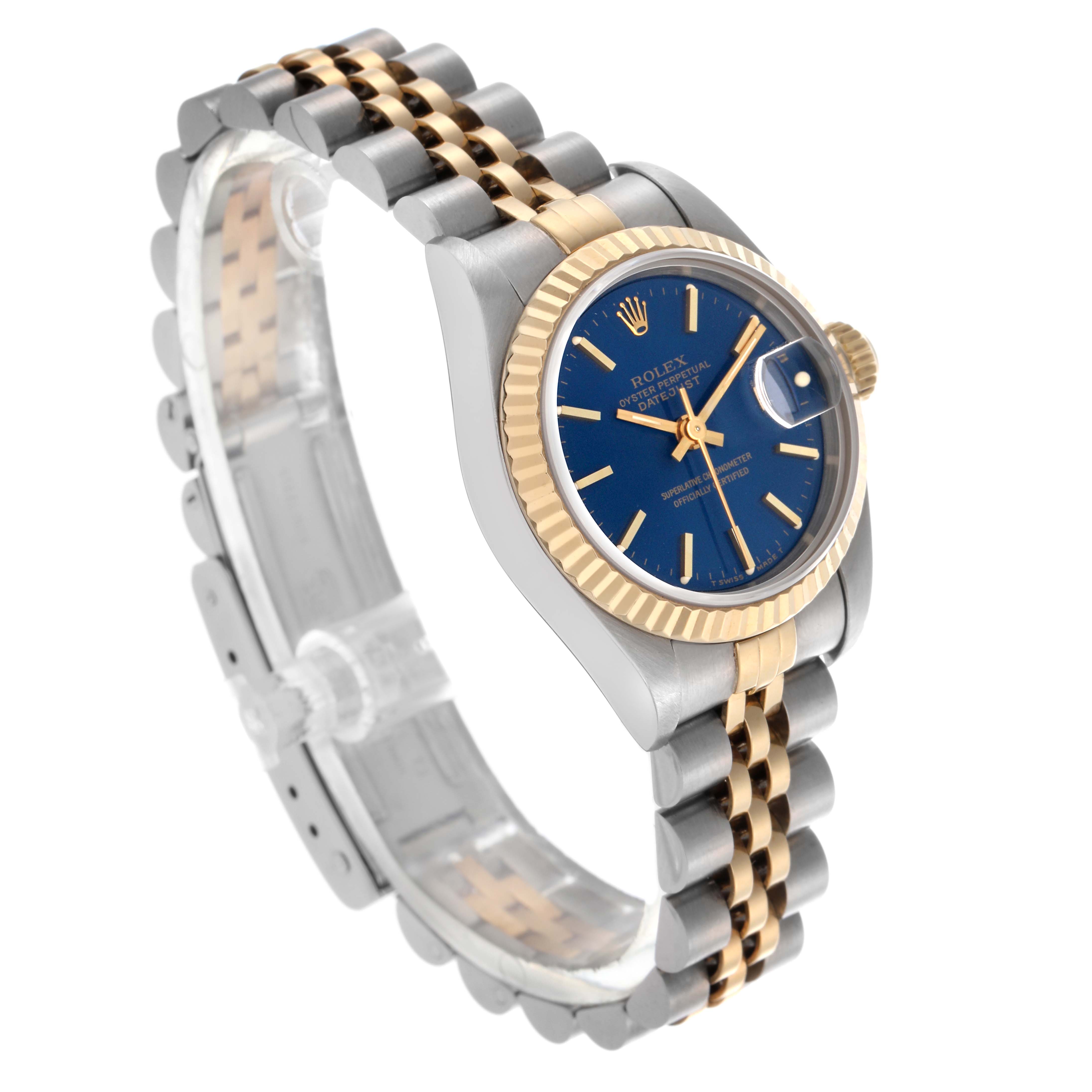 The Rolex Datejust 69173 Women
s Steel and Gold (two tone) Blue Dial 69173 Women
s Steel and Gold (two tone) Blue Dial watch is shown at a three-quarter angle, highlighting the bezel, dial, and jubilee bracelet.