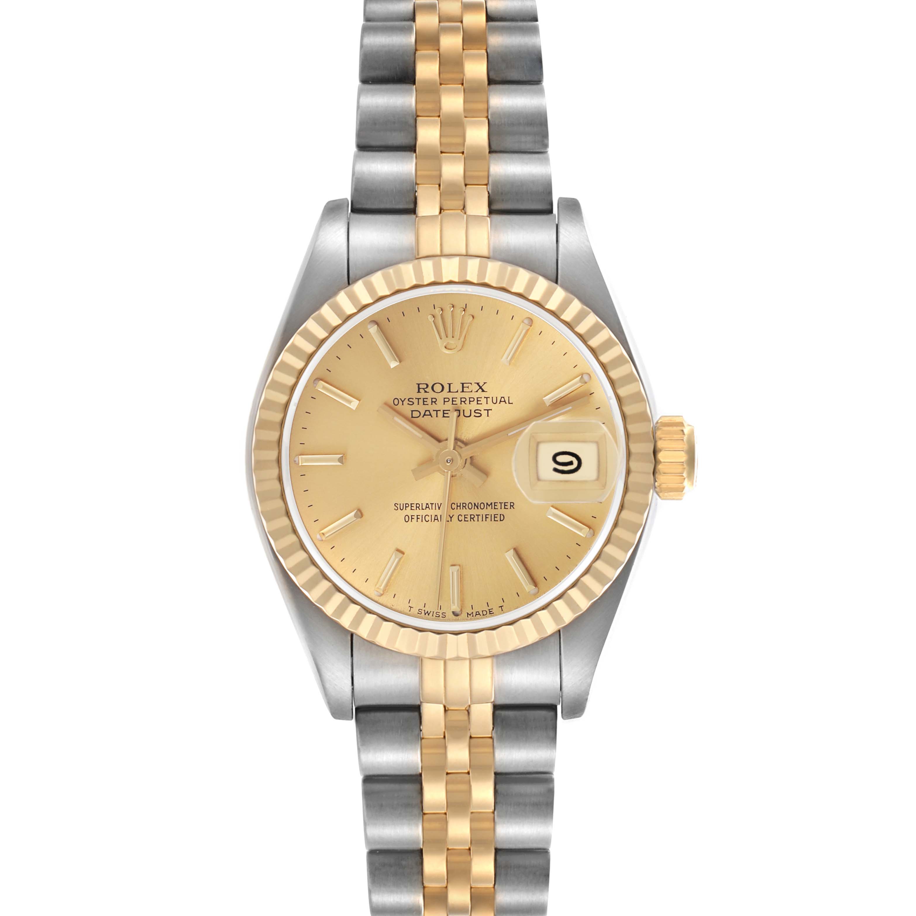The Rolex Datejust 69173 Women
s Steel and Gold (two tone) Champagne Dial 69173 Women
s Steel and Gold (two tone) Champagne Dial watch is shown from a top-down angle, highlighting the face, bezel, crown, and two-tone bracelet.