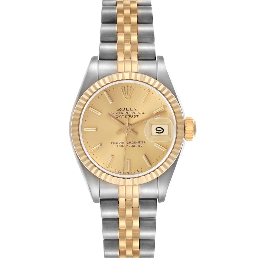 The Rolex Datejust watch is shown from a top-down angle, highlighting the face, bezel, crown, and two-tone bracelet.