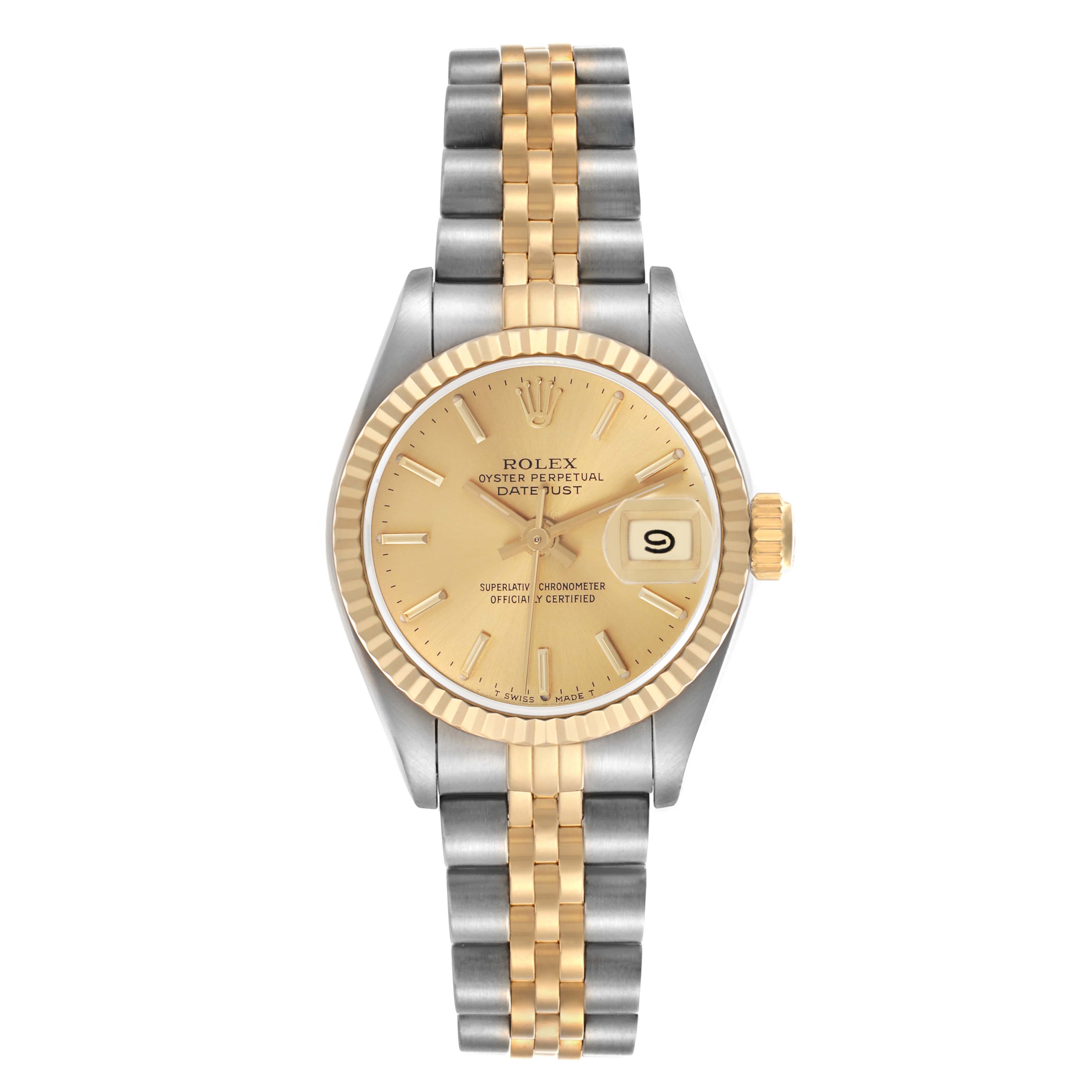 The Rolex Datejust 69173 Women
s Steel and Gold (two tone) Champagne Dial 69173 Women
s Steel and Gold (two tone) Champagne Dial watch is shown from a top-down angle, displaying its face, bezel, crown, and two-tone Jubilee bracelet.