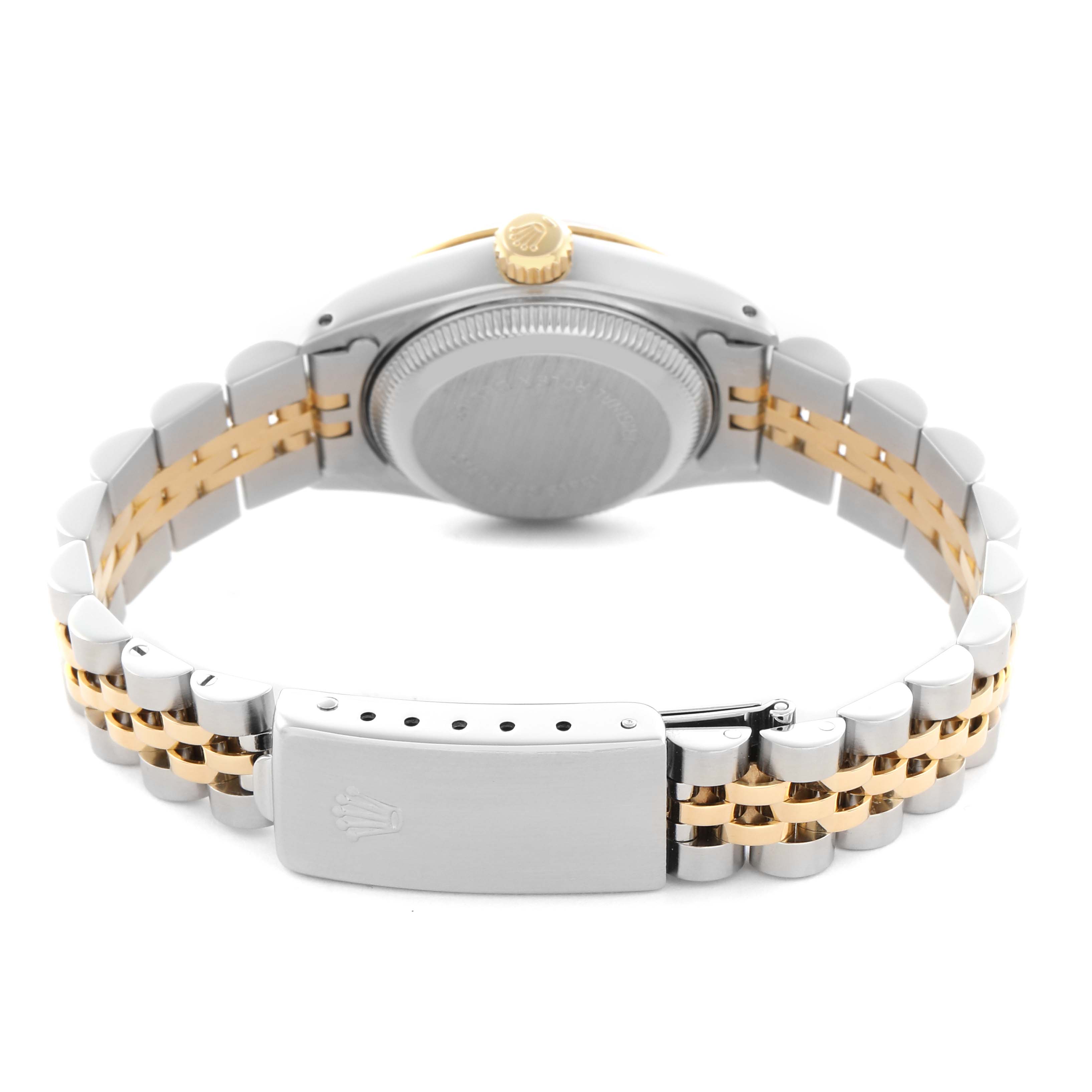 The image shows a Rolex Datejust 69173 Women
s Steel and Gold (two tone) Champagne Dial 69173 Women
s Steel and Gold (two tone) Champagne Dial watch from the rear, highlighting the case back, crown, and two-tone bracelet from a side angle.
