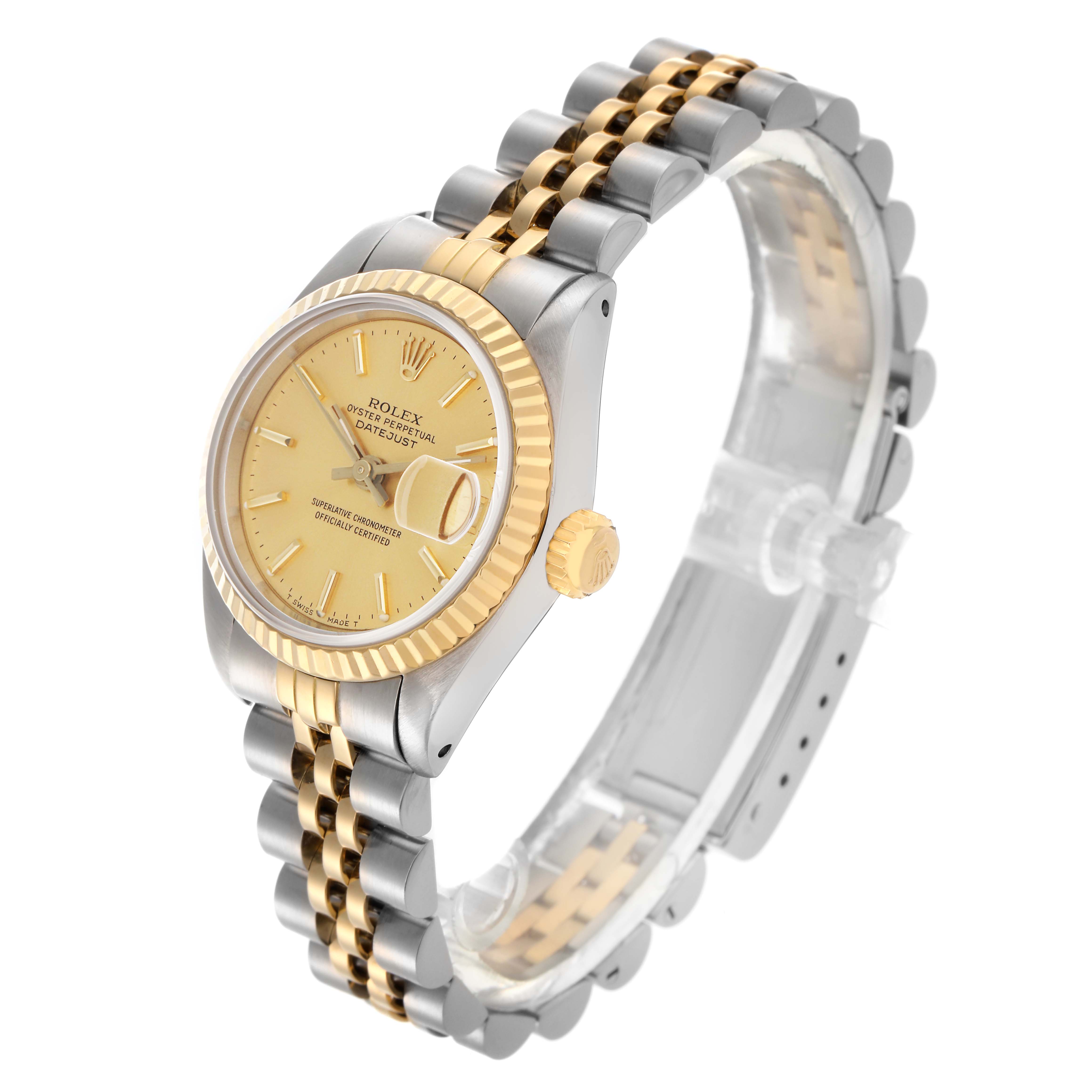 The Rolex Datejust 69173 Women
s Steel and Gold (two tone) Champagne Dial 69173 Women
s Steel and Gold (two tone) Champagne Dial is shown at a three-quarter angle, highlighting the dial, bezel, and two-tone bracelet.