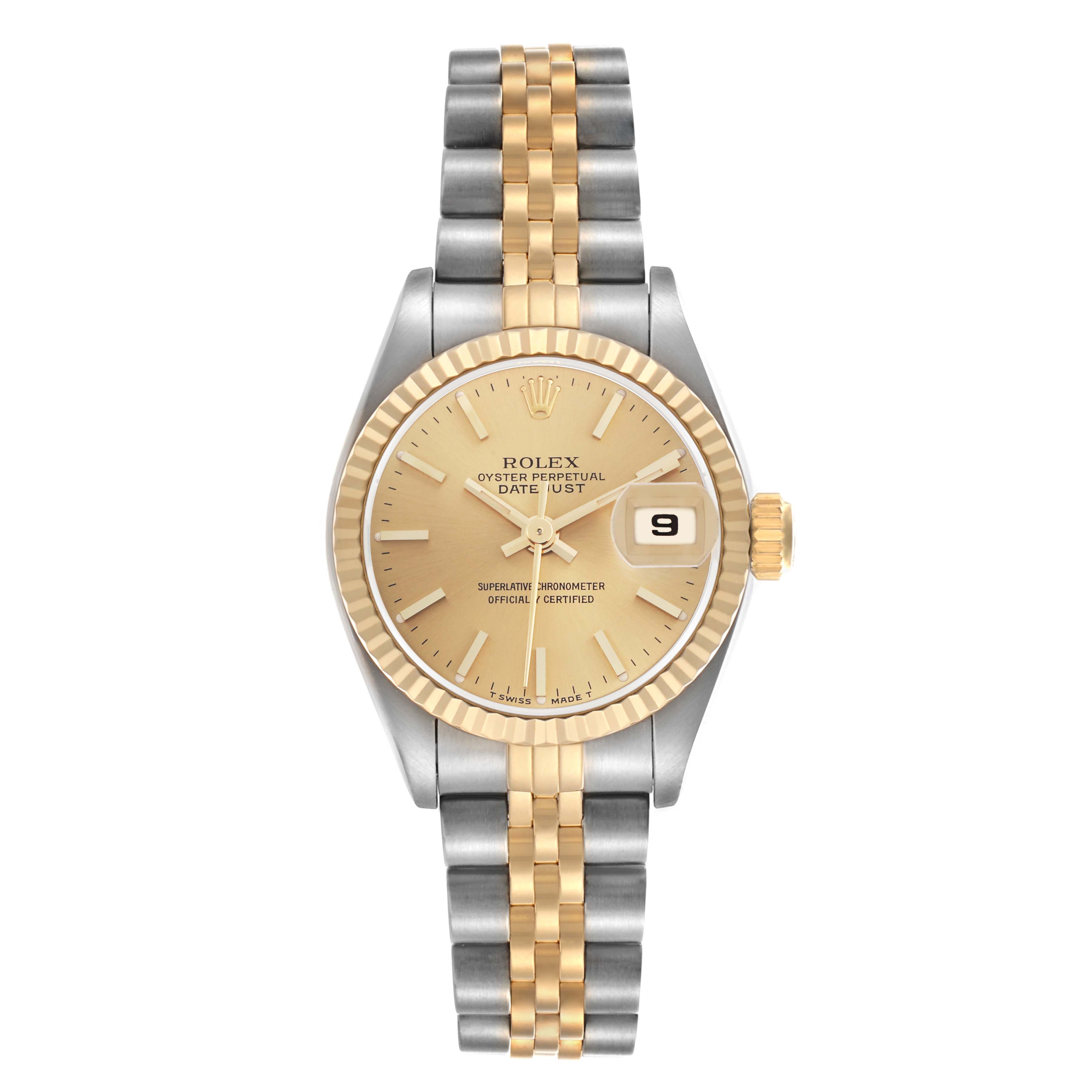 The Rolex Datejust 69173 Women
s Steel and Gold (two tone) Champagne Dial 69173 Women
s Steel and Gold (two tone) Champagne Dial watch is shown from the front, displaying the dial, bezel, crown, and bracelet.