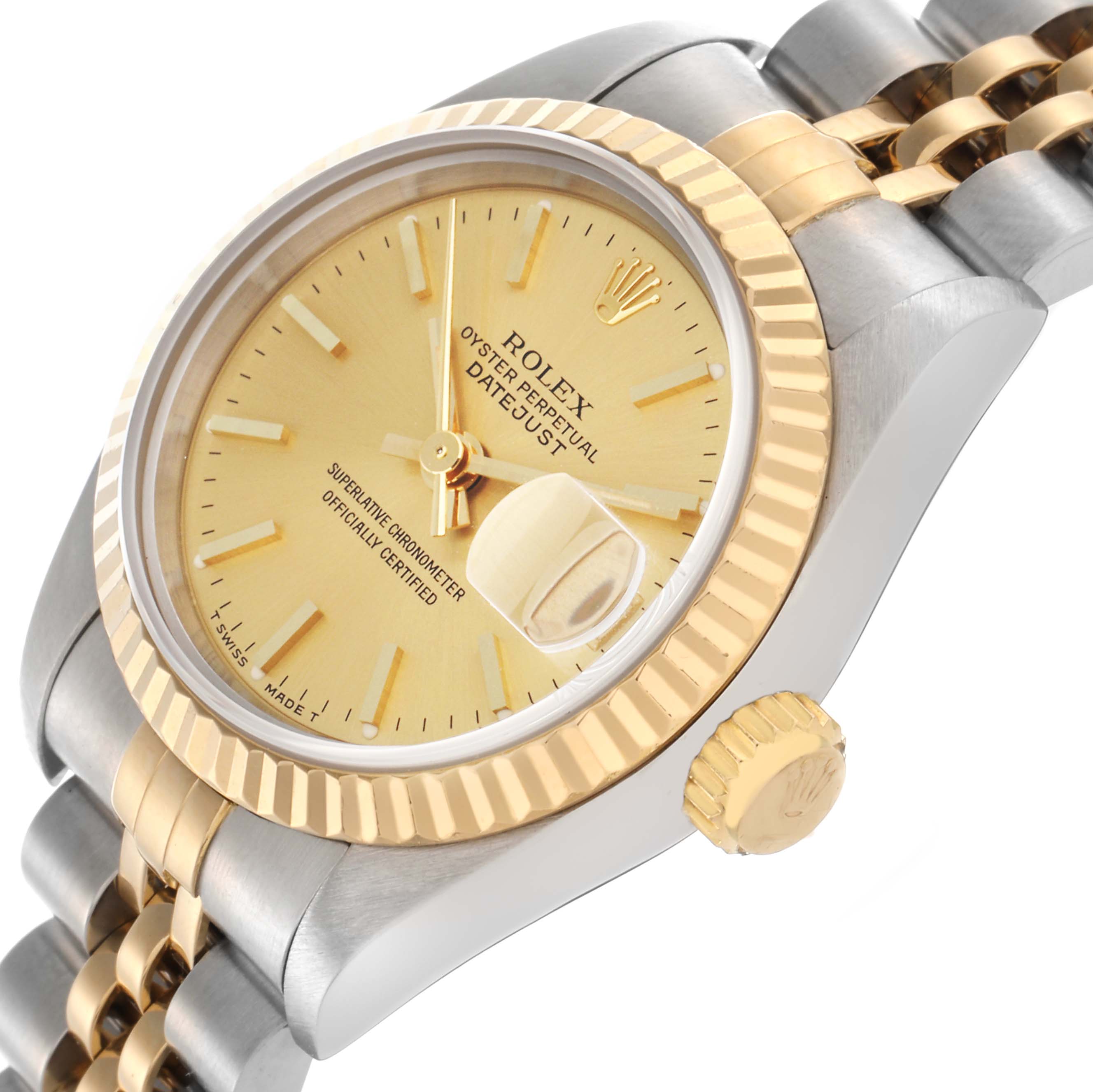 The Rolex Datejust 69173 Women
s Steel and Gold (two tone) Champagne Dial 69173 Women
s Steel and Gold (two tone) Champagne Dial watch is shown at an angled close-up, highlighting its gold dial, bezel, and two-tone bracelet.