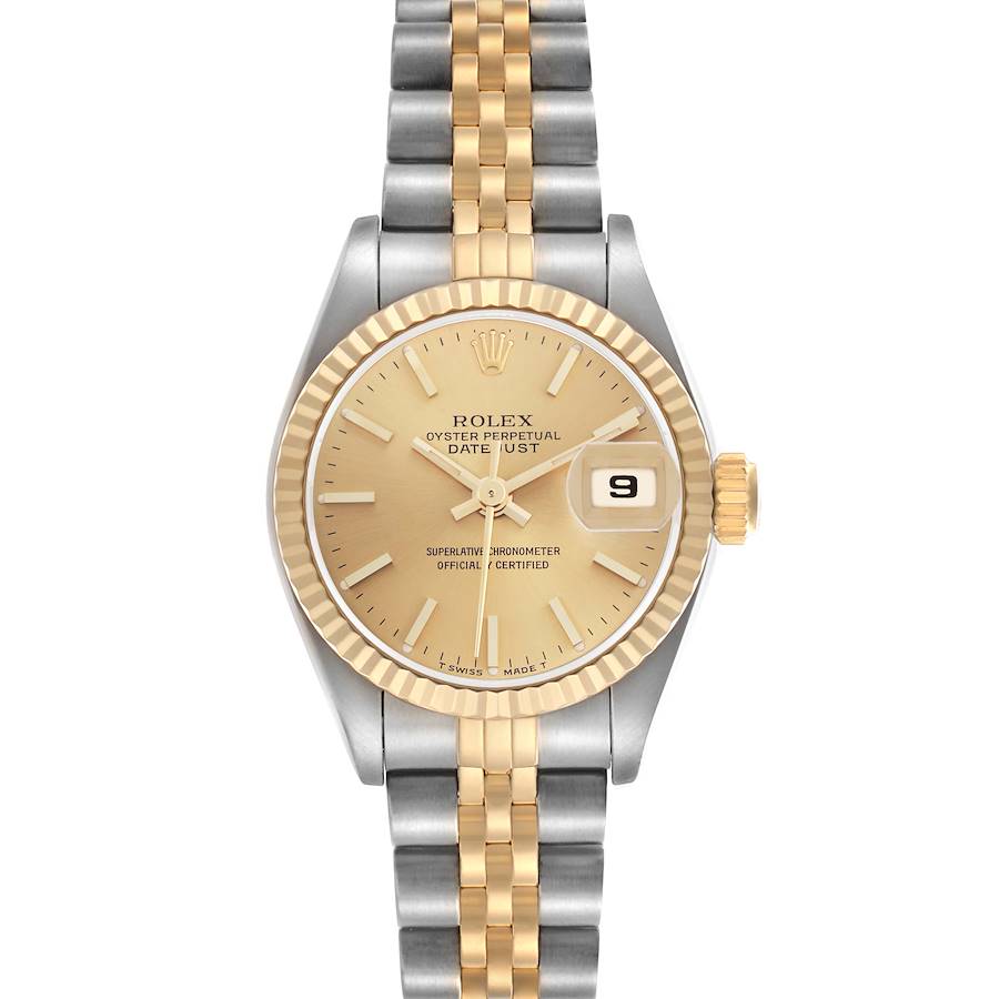 The Rolex Datejust watch is shown from a top-down angle, displaying the face, bezel, and two-tone bracelet.
