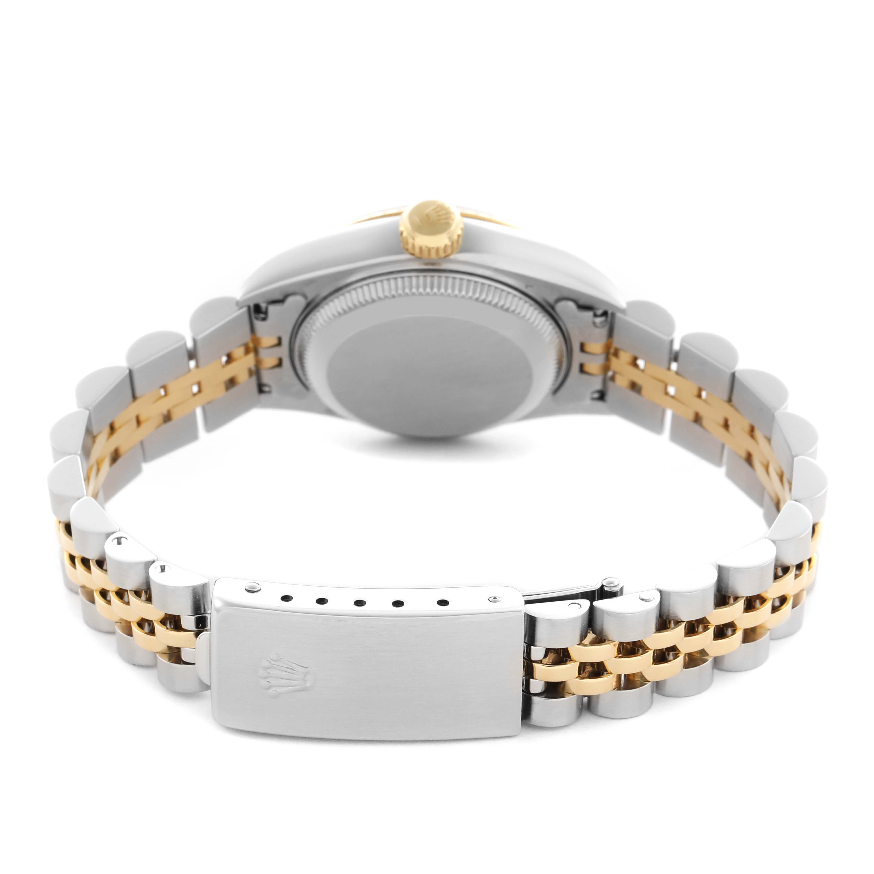The image shows the back view of a Rolex Datejust 69173 Women
s Steel and Gold (two tone) Champagne Dial 69173 Women
s Steel and Gold (two tone) Champagne Dial watch, highlighting the bracelet, clasp, and crown.