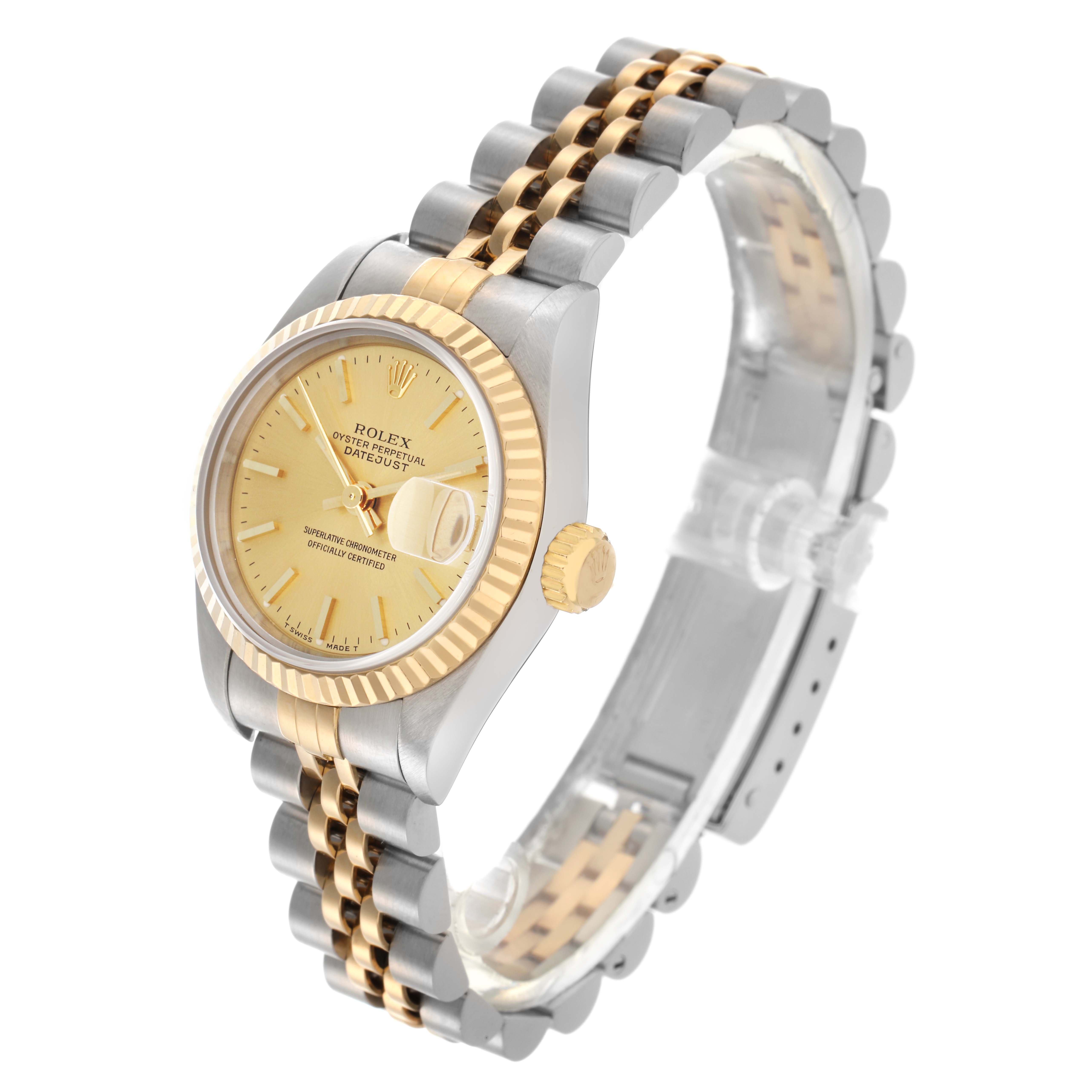 The Rolex Datejust 69173 Women
s Steel and Gold (two tone) Champagne Dial 69173 Women
s Steel and Gold (two tone) Champagne Dial watch is shown at a three-quarter angle, highlighting its gold and silver bracelet, bezel, and face.