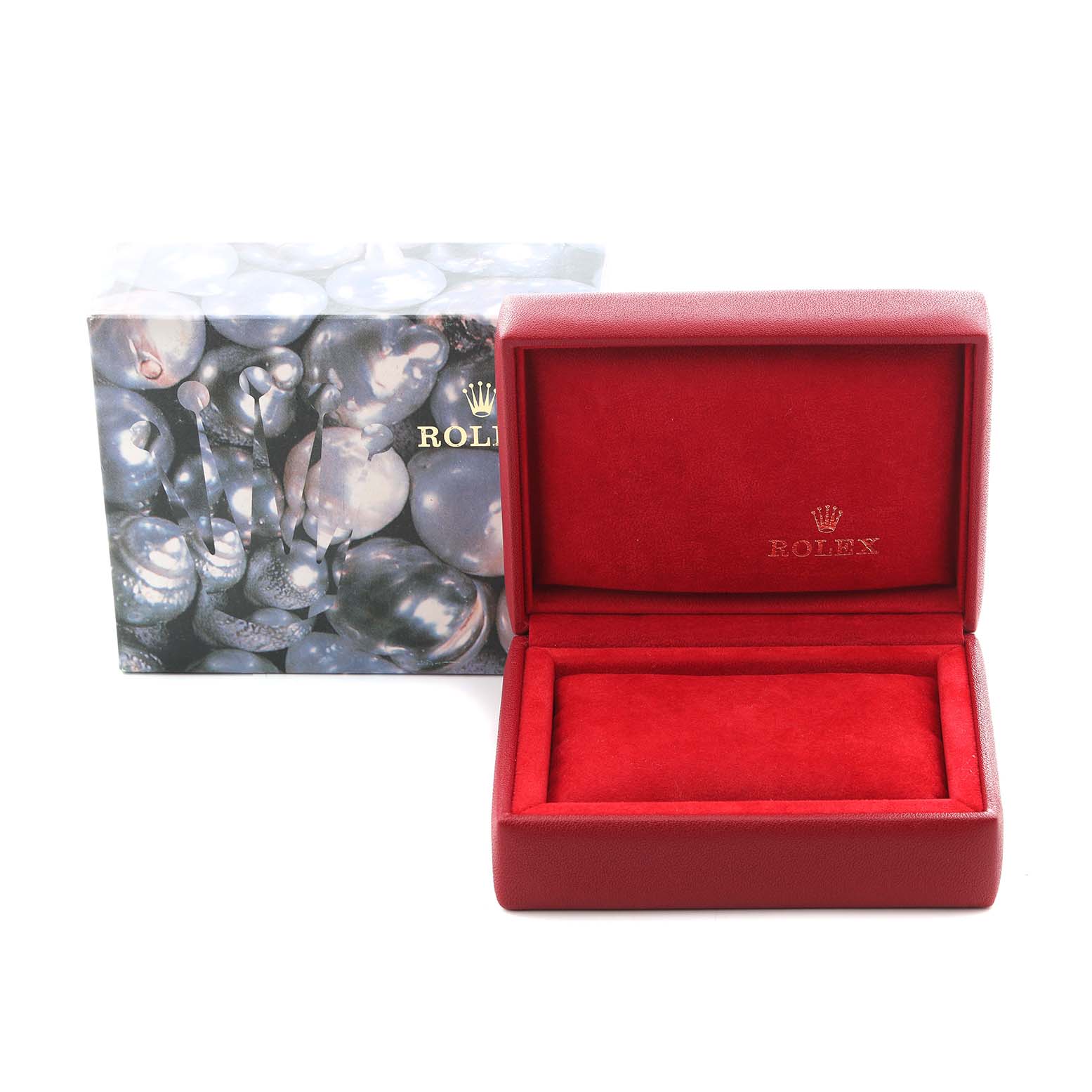 The image shows an open watch box and packaging for a Rolex Datejust 69173 Women
s Steel and Gold (two tone) Champagne Dial 69173 Women
s Steel and Gold (two tone) Champagne Dial, highlighting the interior and exterior design.