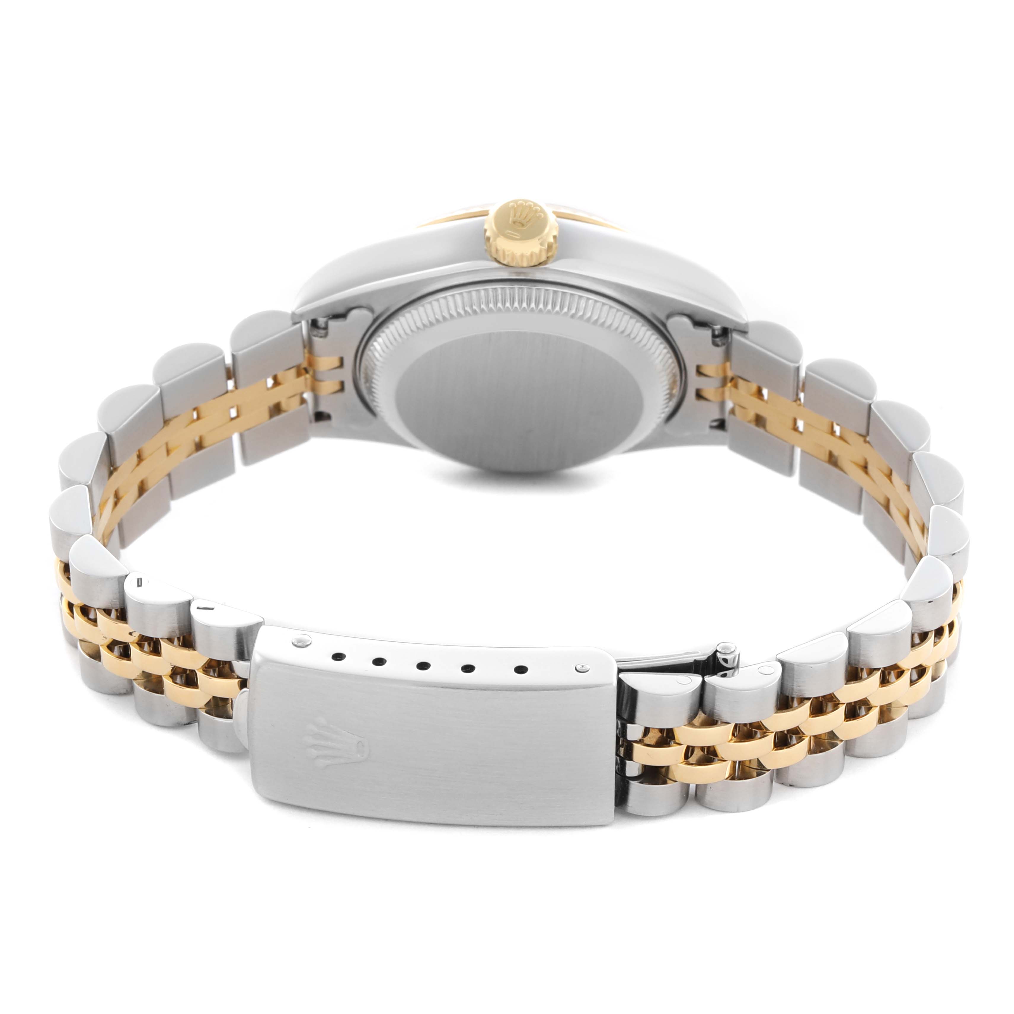 The Rolex Datejust 69173 Women's Steel and Gold (two tone) Champagne Dial 69173 Women's Steel and Gold (two tone) Champagne Dial watch is shown from the back, highlighting the clasp and two-tone bracelet.