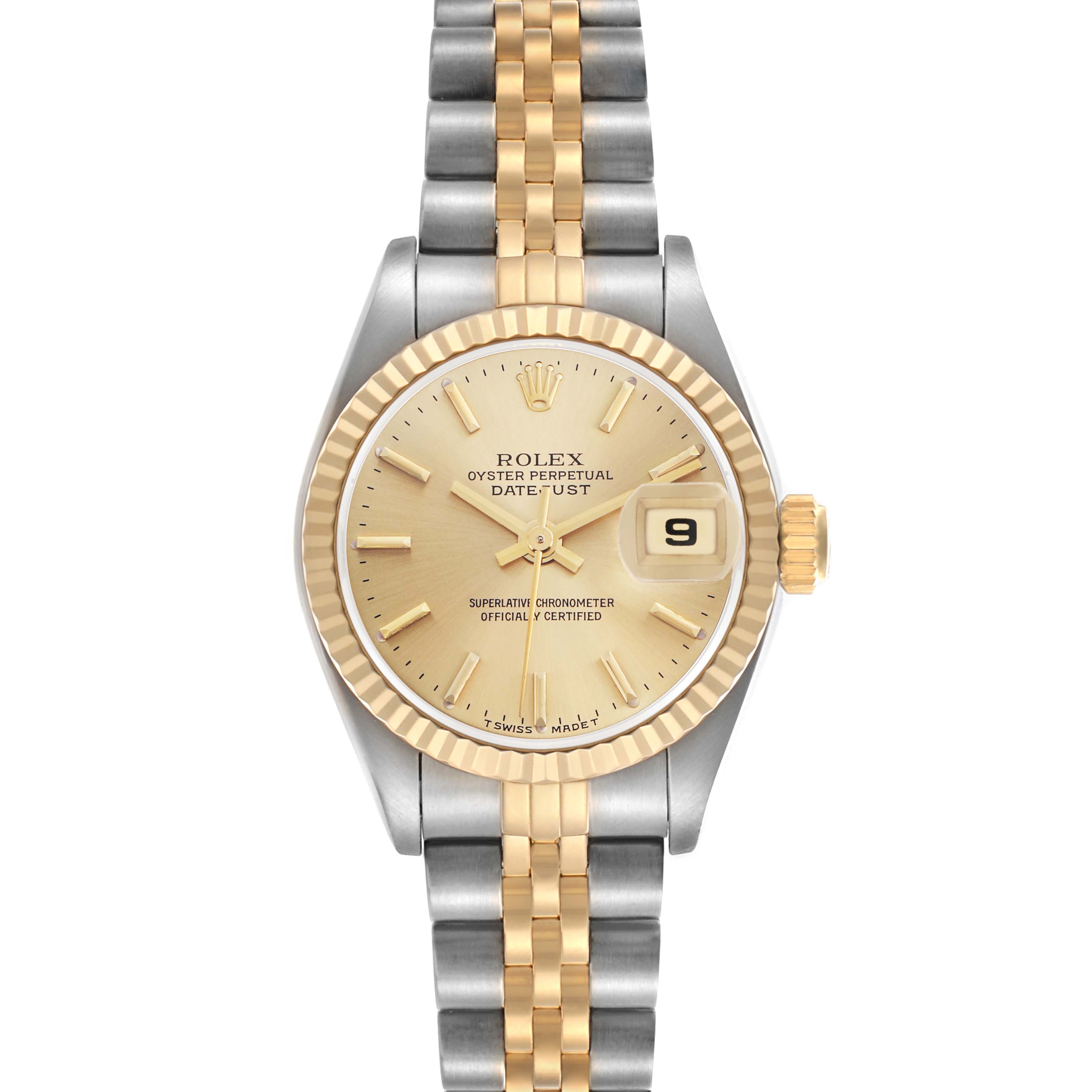 This Rolex Datejust 69173 Women's Steel and Gold (two tone) Champagne Dial 69173 Women's Steel and Gold (two tone) Champagne Dial watch is shown from the front, displaying the face, bezel, crown, and bracelet.