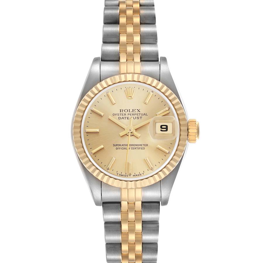 This Rolex Datejust watch is shown from the front, displaying the face, bezel, crown, and bracelet.