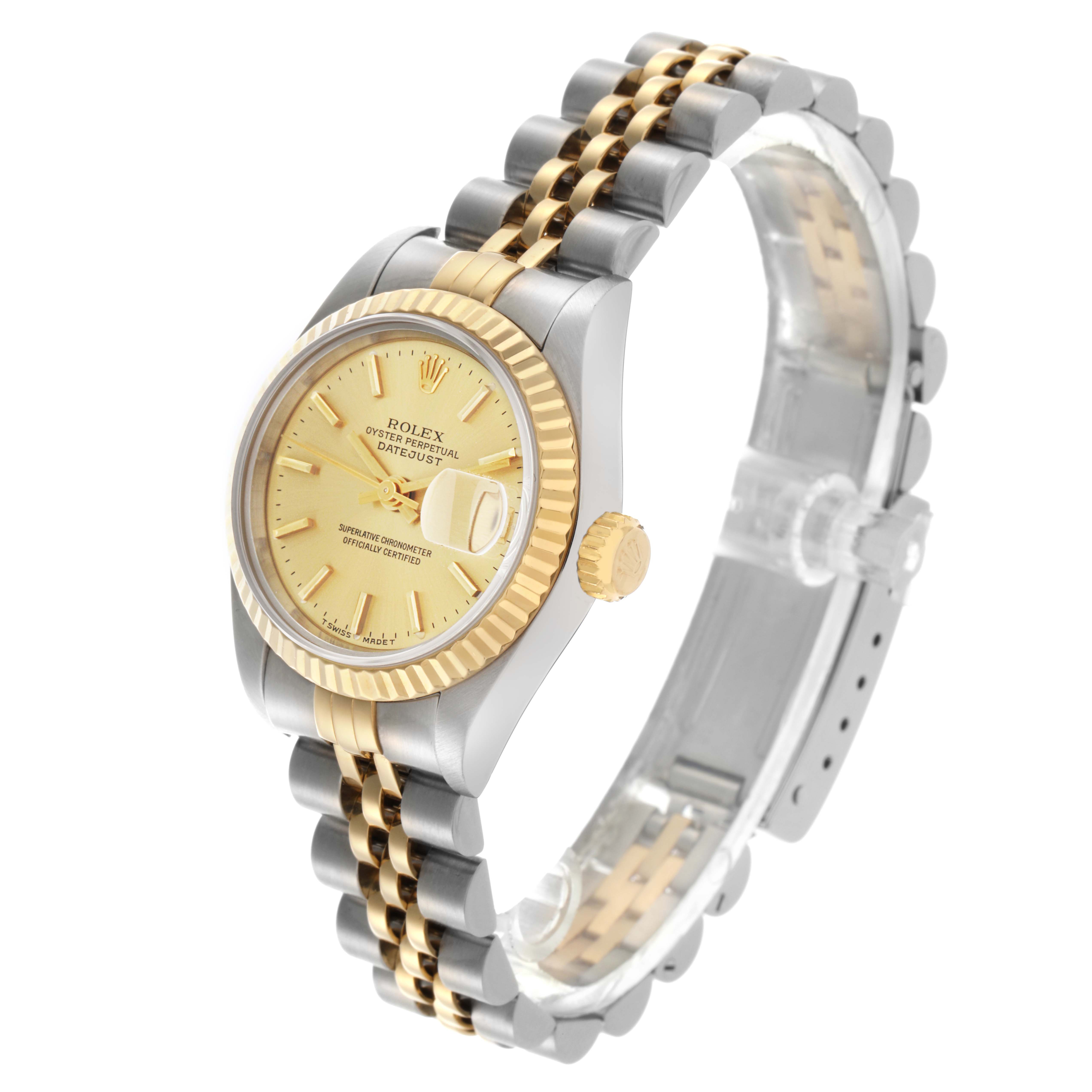 The Rolex Datejust 69173 Women's Steel and Gold (two tone) Champagne Dial 69173 Women's Steel and Gold (two tone) Champagne Dial watch is shown from a three-quarter angle, highlighting the dial, bezel, crown, and two-tone bracelet.