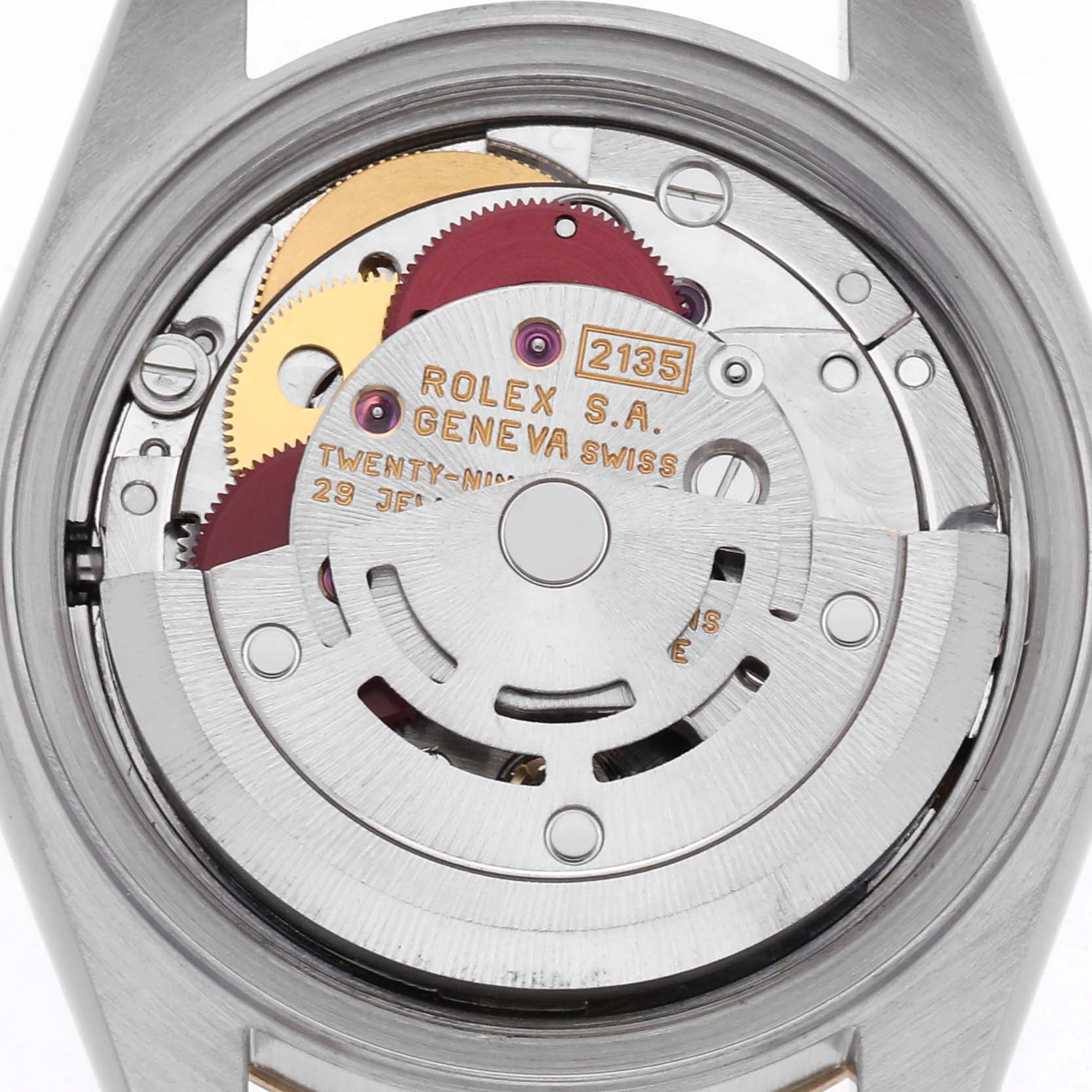 The image shows the movement of a Rolex Datejust 69173 Women's Steel and Gold (two tone) Champagne Dial 69173 Women's Steel and Gold (two tone) Champagne Dial watch from the back, highlighting the mechanical components.