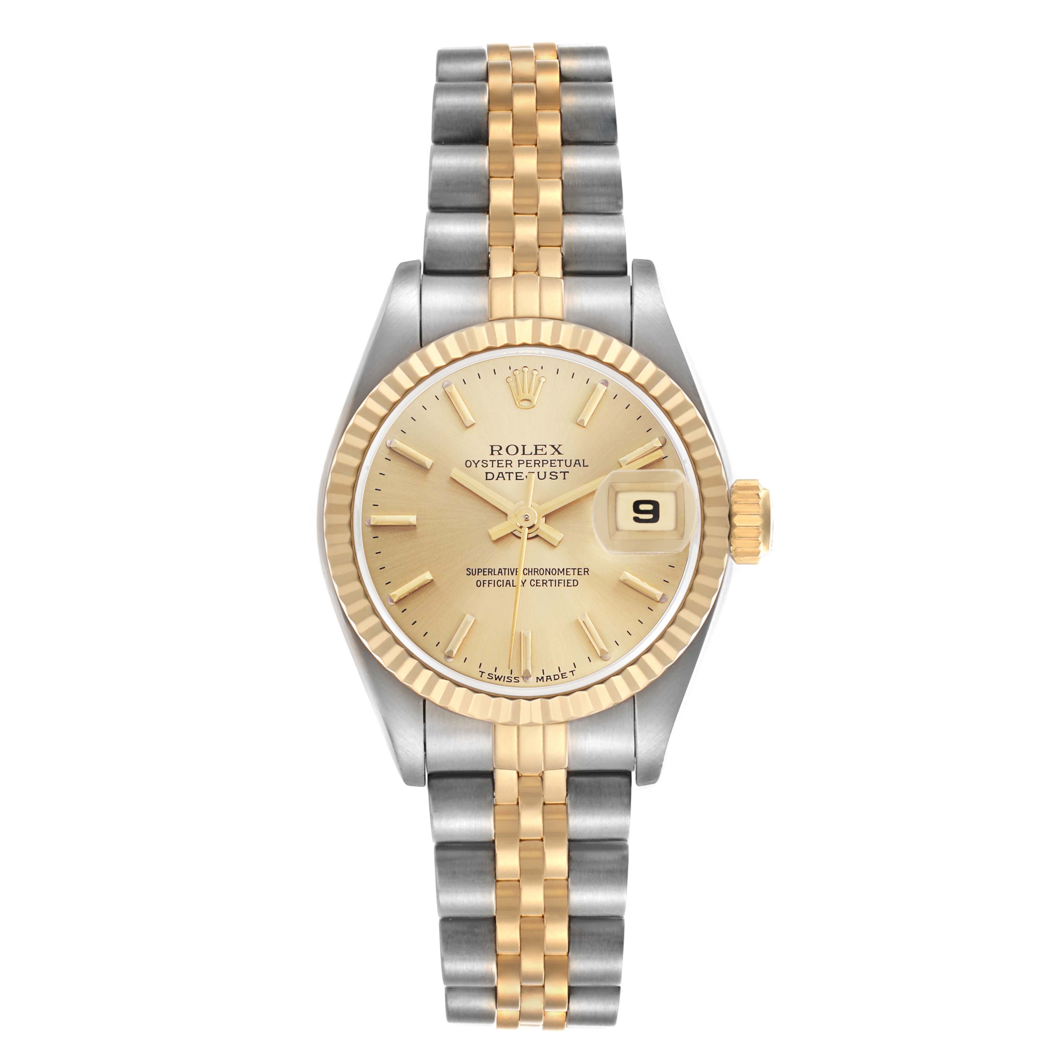 The Rolex Datejust 69173 Women's Steel and Gold (two tone) Champagne Dial 69173 Women's Steel and Gold (two tone) Champagne Dial watch is shown from a front angle, displaying the dial, bezel, crown, and bracelet.