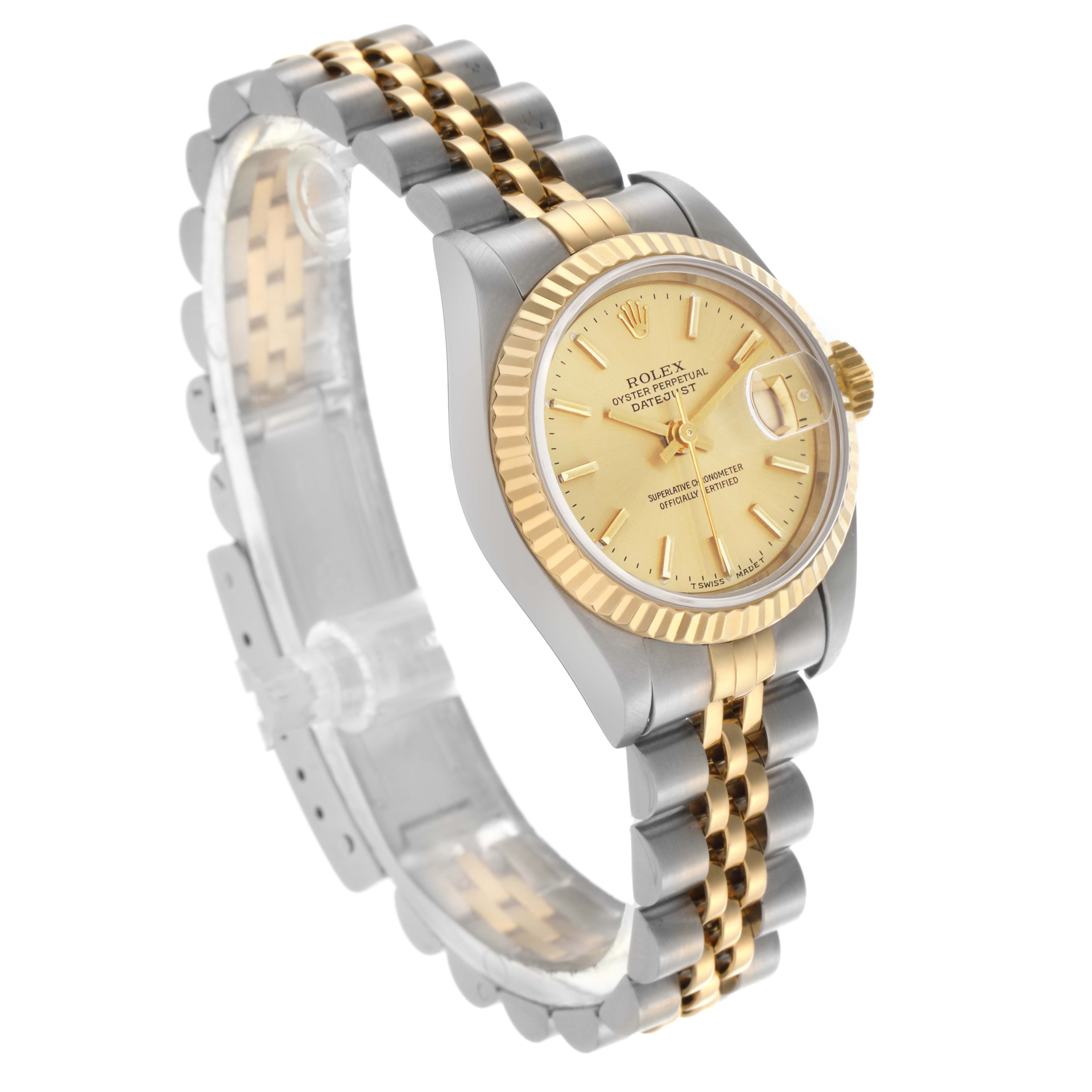 The Rolex Datejust 69173 Women's Steel and Gold (two tone) Champagne Dial 69173 Women's Steel and Gold (two tone) Champagne Dial is shown at an angled side view, highlighting its two-tone band, fluted bezel, dial, and date window.