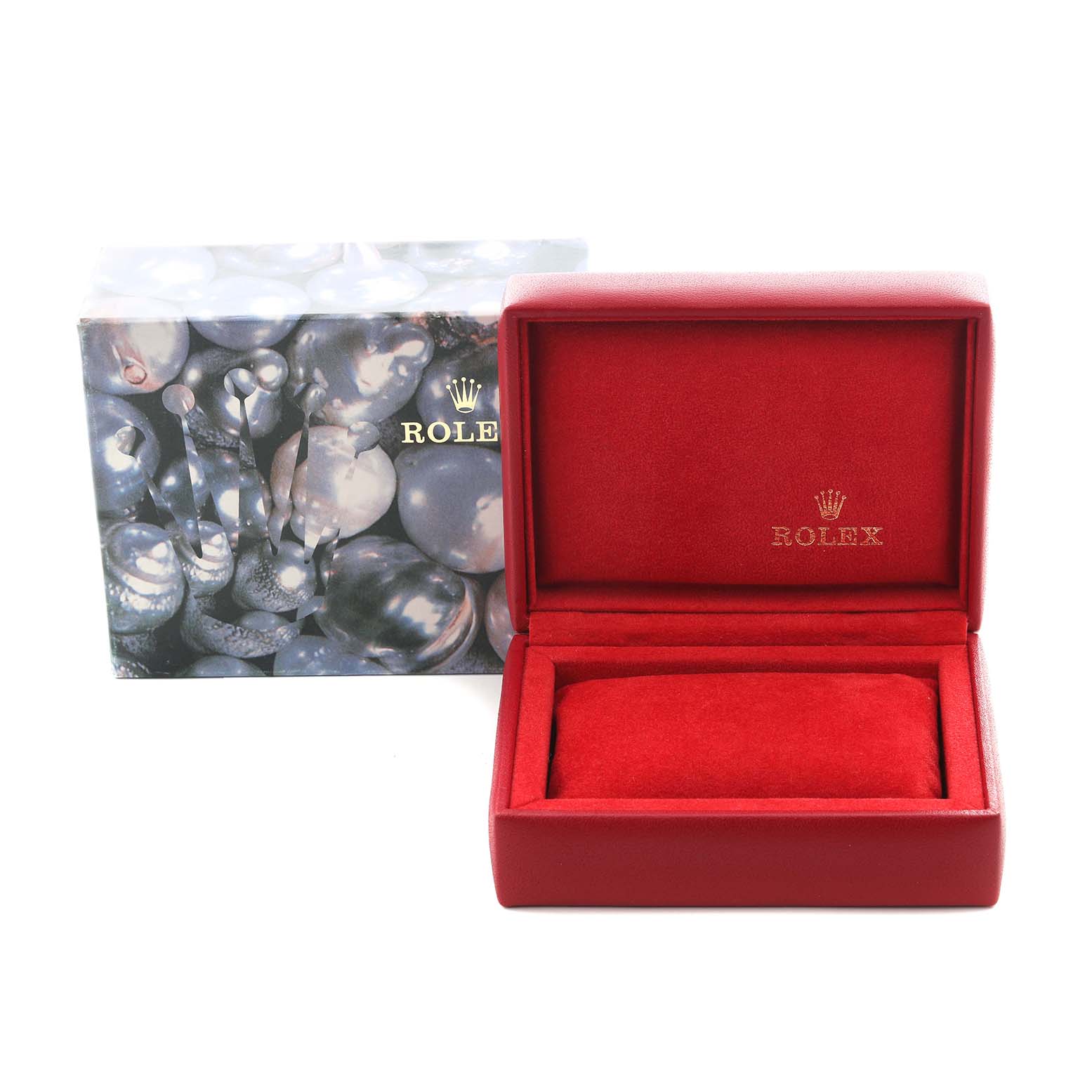 The image shows a Rolex Datejust 69173 Women's Steel and Gold (two tone) Champagne Dial 69173 Women's Steel and Gold (two tone) Champagne Dial watch box, featuring a red interior and outer box with a pearl design.