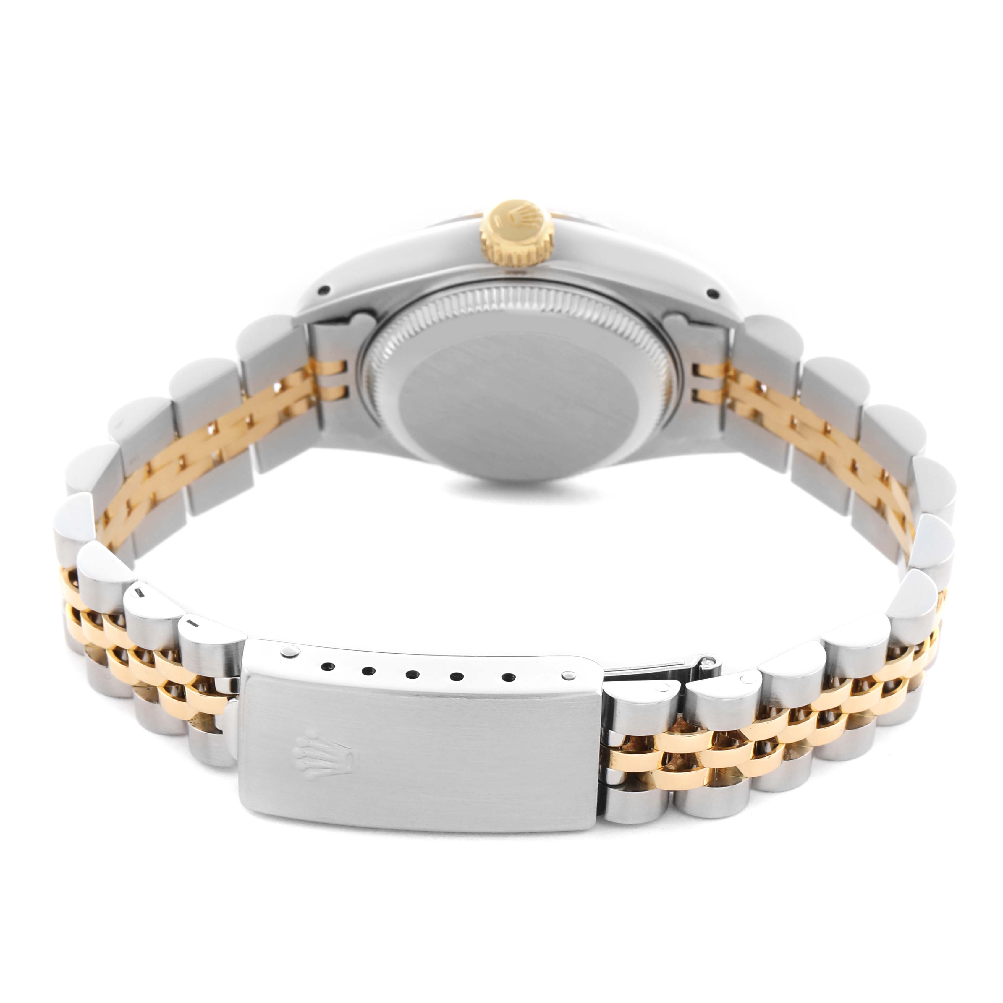 The image shows the Rolex Datejust 69173 Women
s Steel and Gold (two tone) Champagne Dial 69173 Women
s Steel and Gold (two tone) Champagne Dial
s back view, highlighting the case, crown, and Jubilee bracelet with clasp.