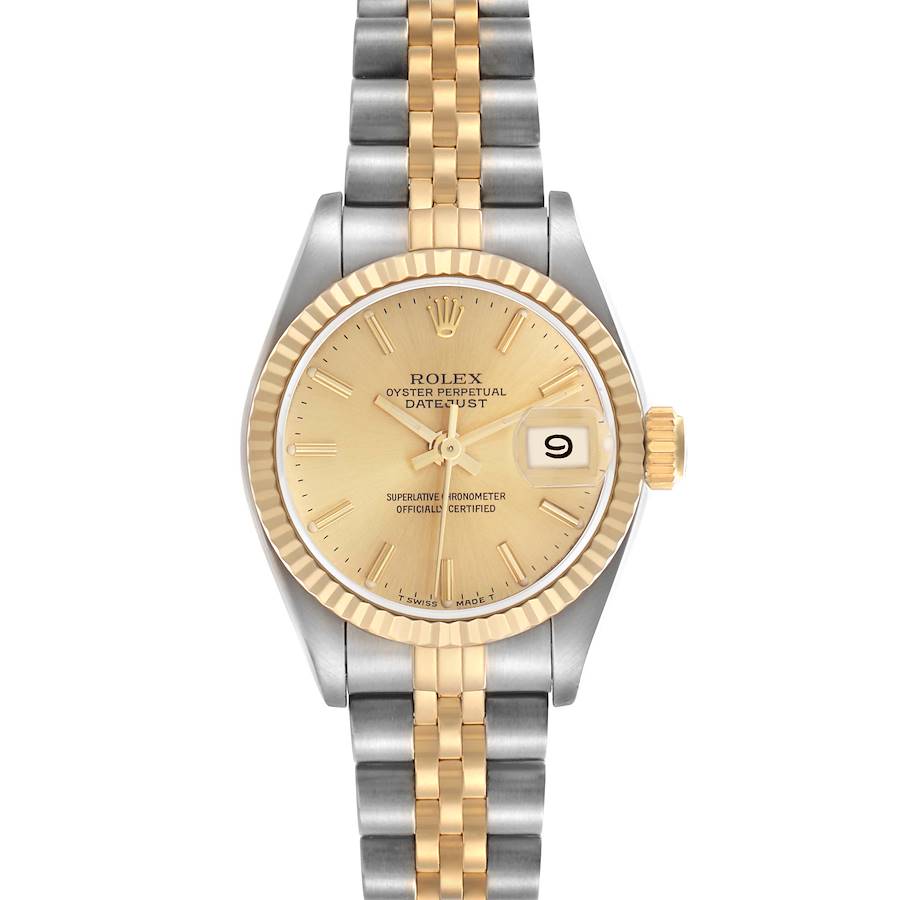The Rolex Datejust watch is shown from the front, displaying the face, bezel, and two-tone bracelet.