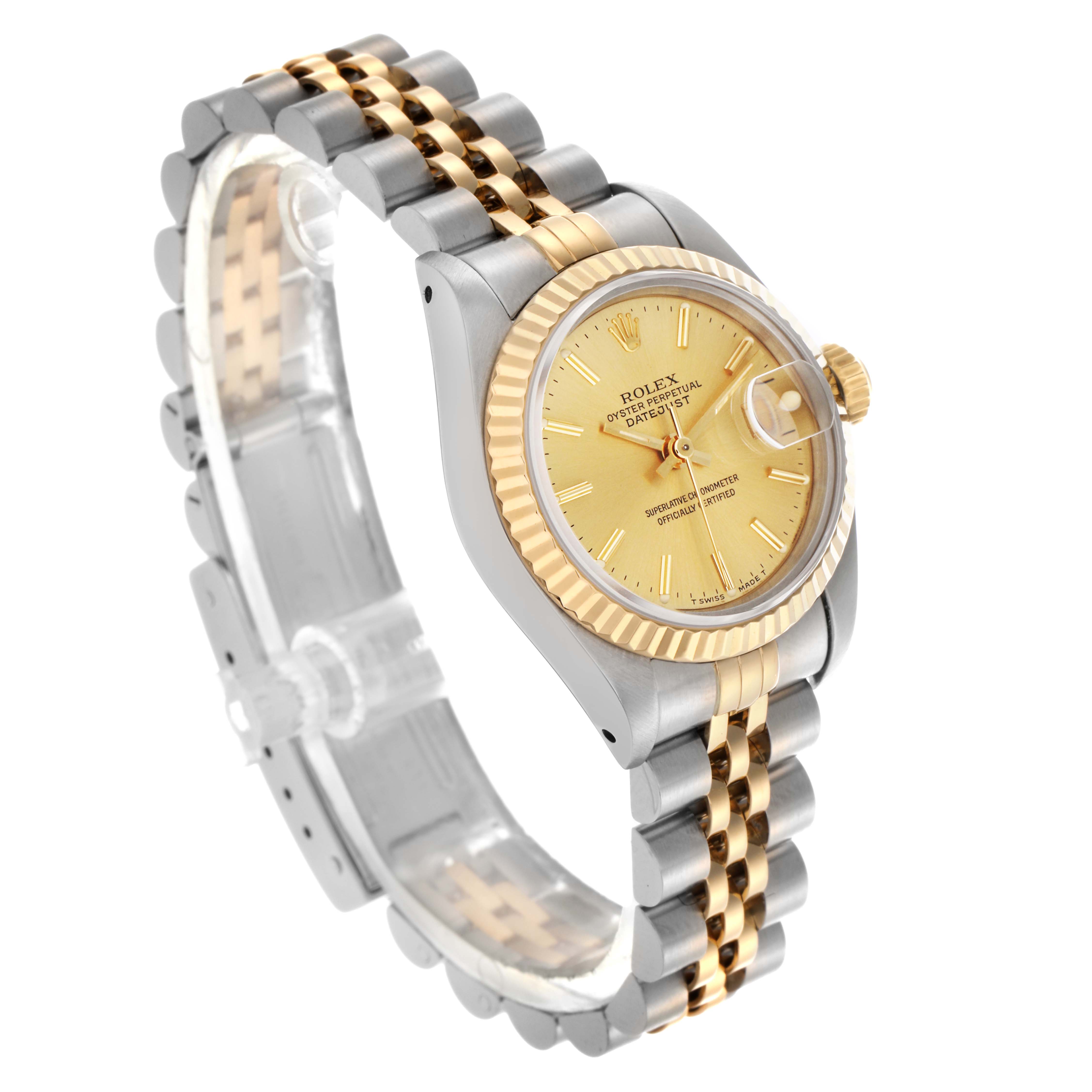 The Rolex Datejust 69173 Women
s Steel and Gold (two tone) Champagne Dial 69173 Women
s Steel and Gold (two tone) Champagne Dial watch is shown at an angle highlighting the gold face, fluted bezel, and jubilee bracelet.