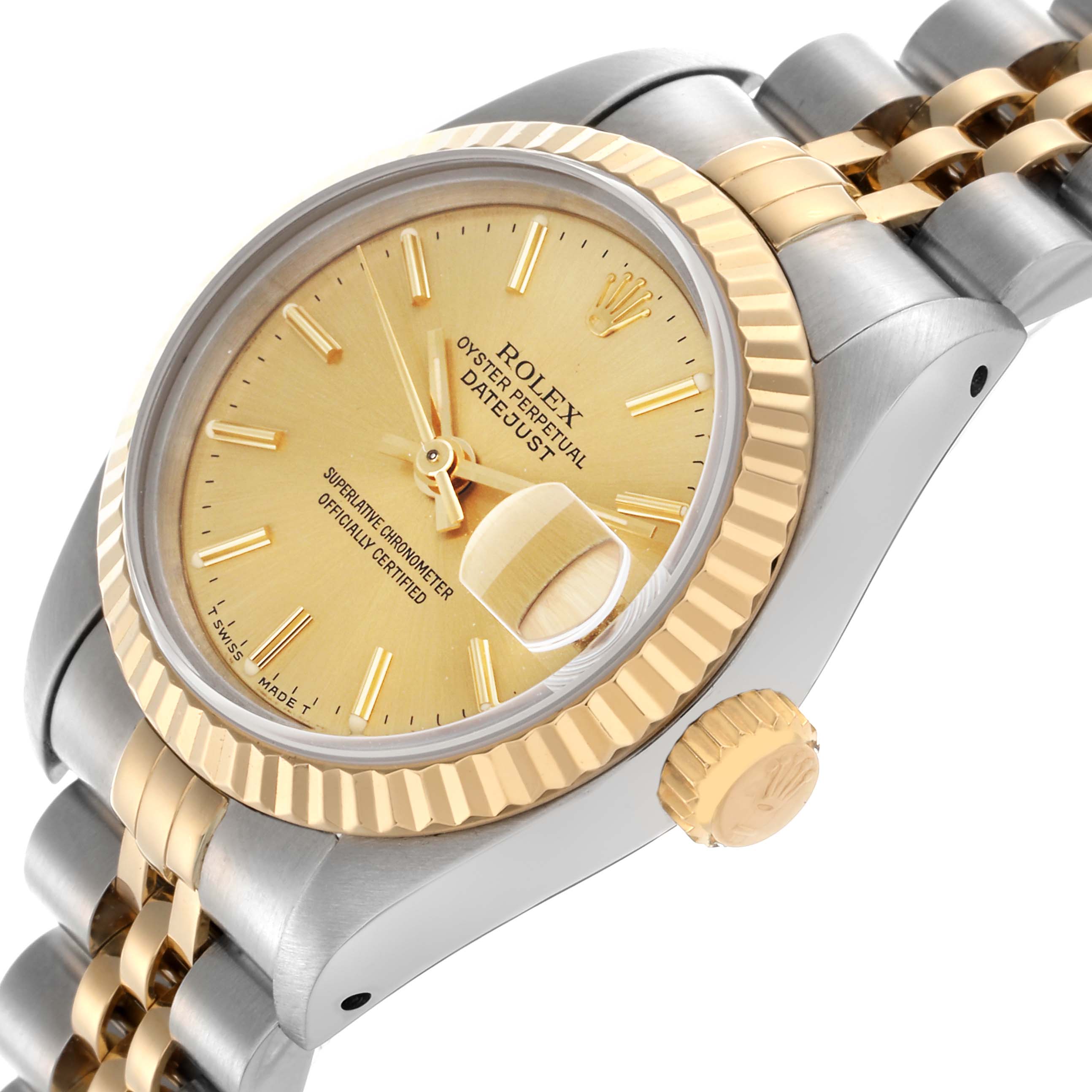 The Rolex Datejust 69173 Women
s Steel and Gold (two tone) Champagne Dial 69173 Women
s Steel and Gold (two tone) Champagne Dial watch is shown at a three-quarter side angle, highlighting the bezel, crown, dial, and part of the bracelet.