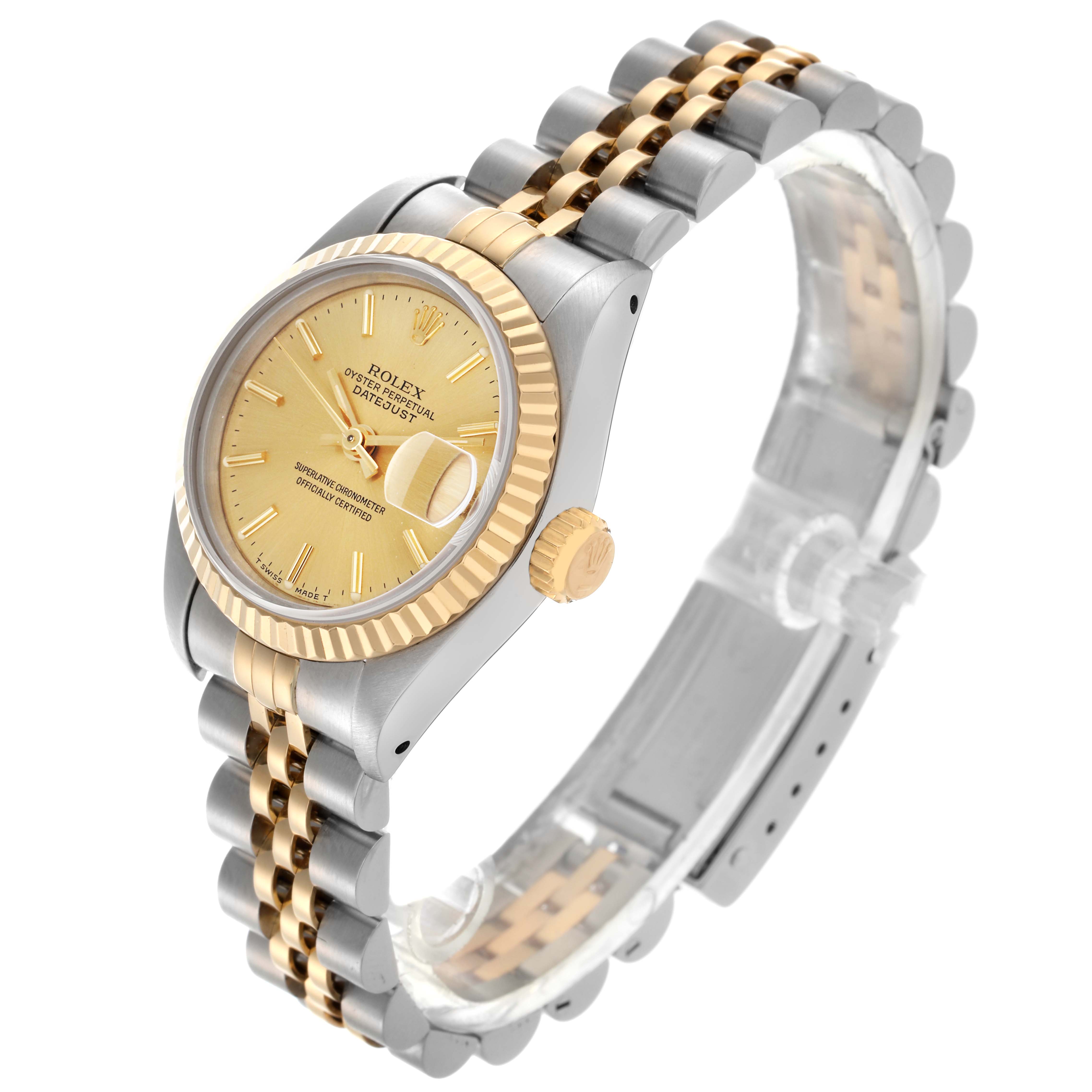 The Rolex Datejust 69173 Women
s Steel and Gold (two tone) Champagne Dial 69173 Women
s Steel and Gold (two tone) Champagne Dial watch is shown at a three-quarter angle, highlighting the dial, bezel, case, crown, and bracelet.