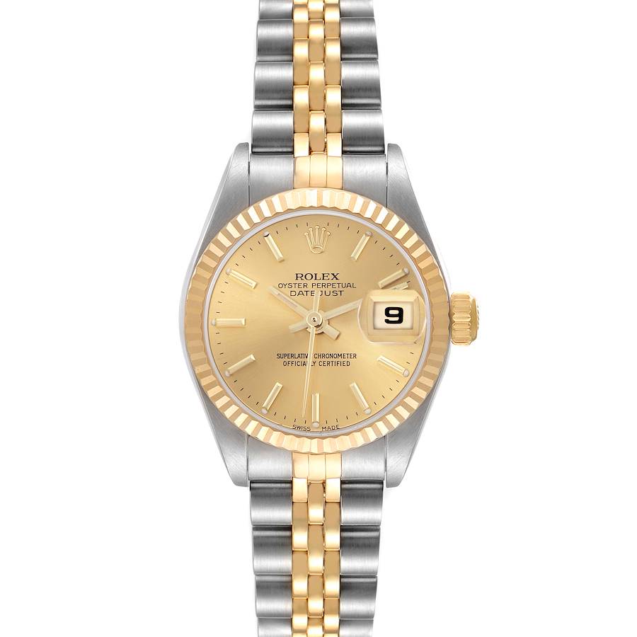The Rolex Datejust watch is shown from a top-down angle, displaying the face, bezel, crown, and part of the bracelet.