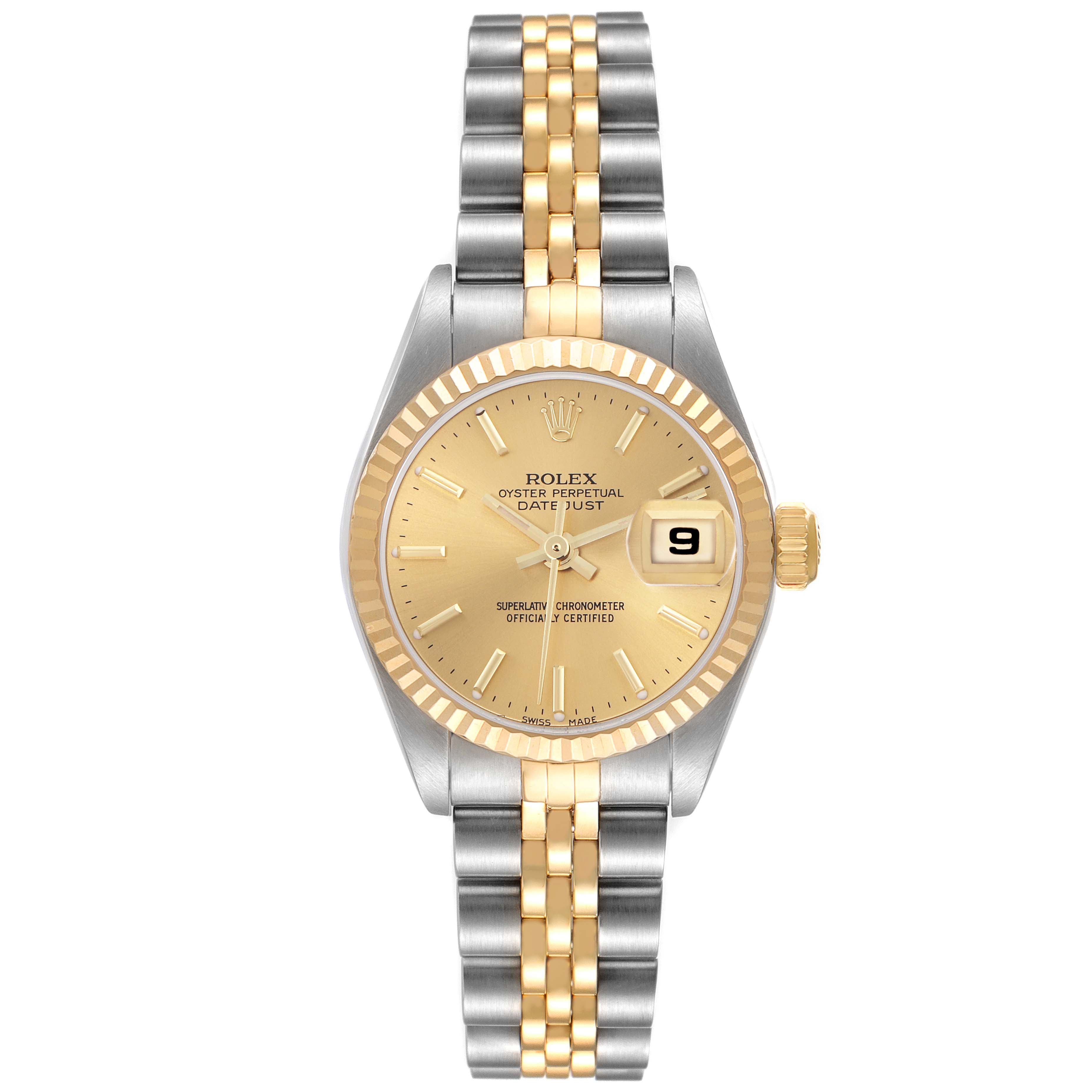 The Rolex Datejust 79173 Women
s Steel and Gold (two tone) Champagne Dial 79173 Women
s Steel and Gold (two tone) Champagne Dial watch is shown from the front, displaying the dial, fluted bezel, two-tone bracelet, and date window.
