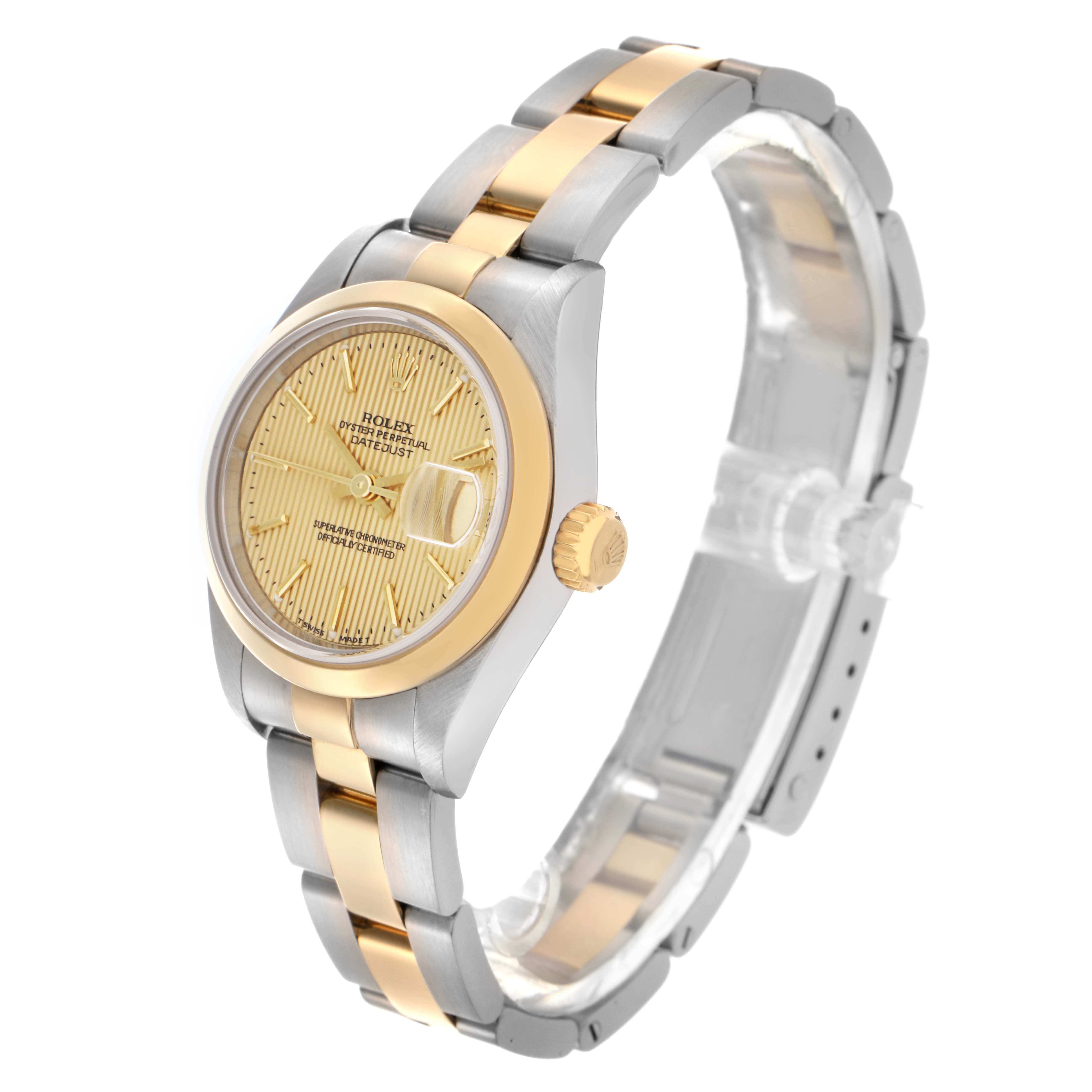 The Rolex Datejust 79163 Women's Steel and Gold (two tone) Champagne Dial 79163 Women's Steel and Gold (two tone) Champagne Dial watch is shown from an angle displaying the dial, bezel, crown, and bracelet.