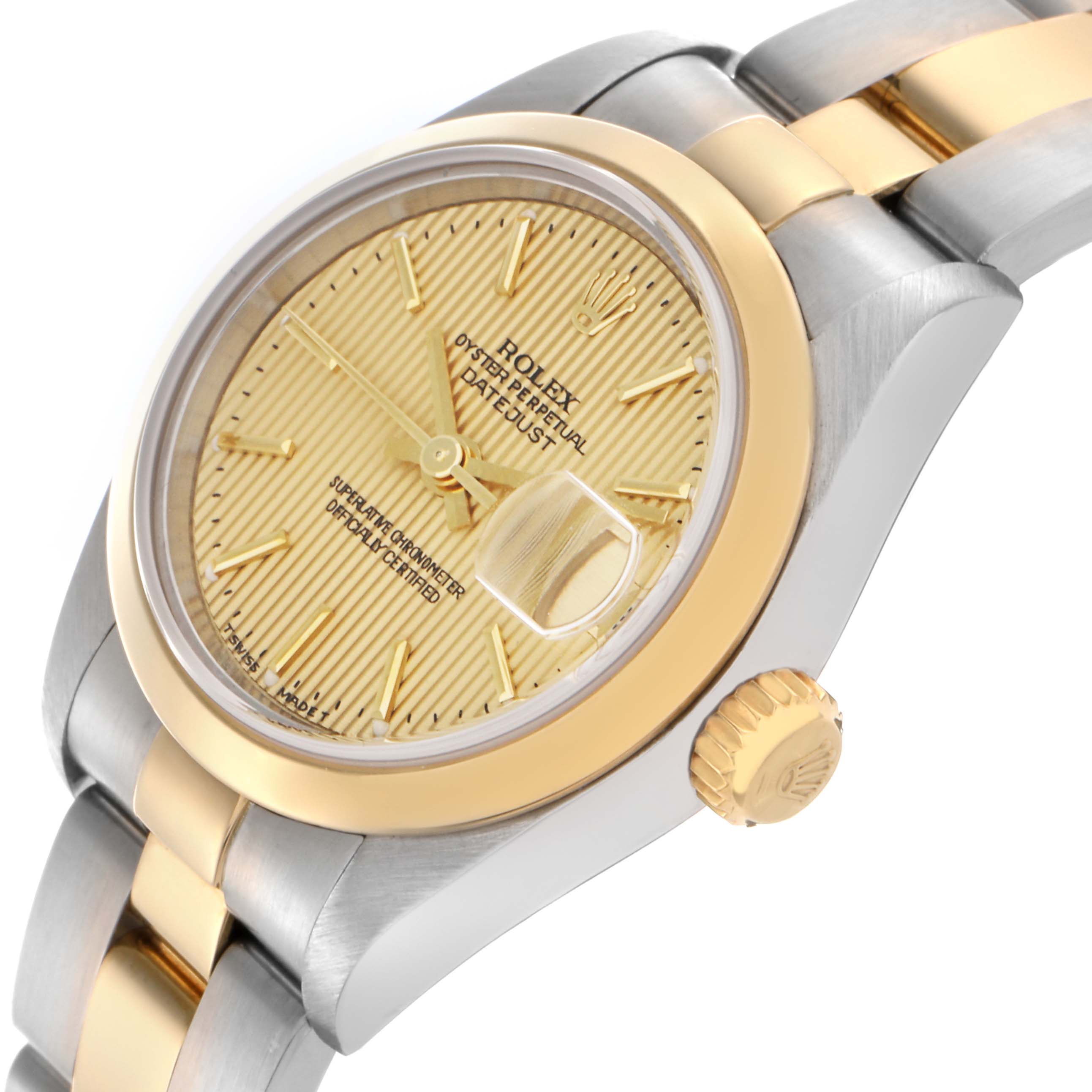 The Rolex Datejust 79163 Women's Steel and Gold (two tone) Champagne Dial 79163 Women's Steel and Gold (two tone) Champagne Dial watch is shown at a slight angle, highlighting the dial, bezel, and crown.