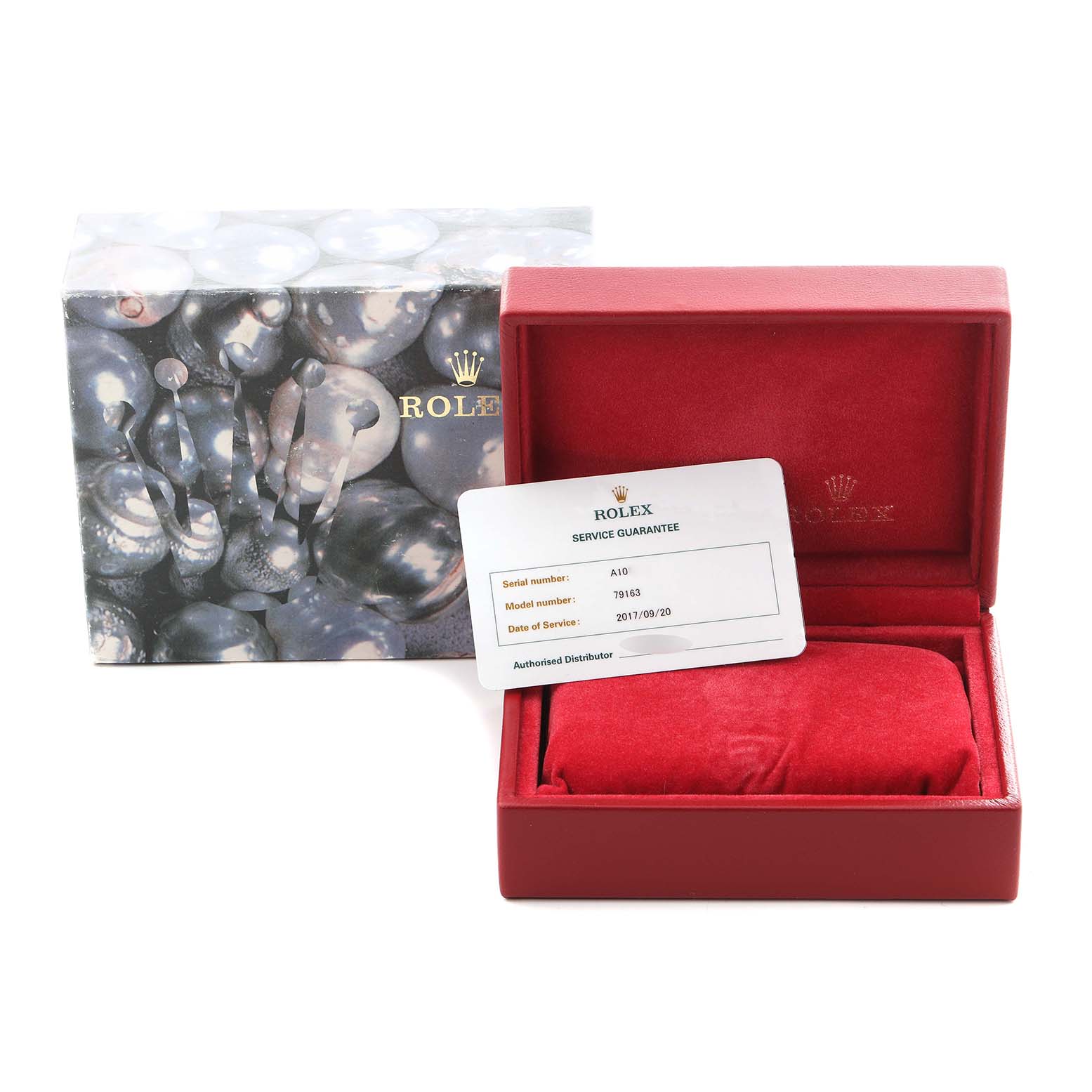 The image shows a Rolex Datejust 79163 Women's Steel and Gold (two tone) Champagne Dial 79163 Women's Steel and Gold (two tone) Champagne Dial box, card, and outer packaging from a front angle. The watch itself is not visible.