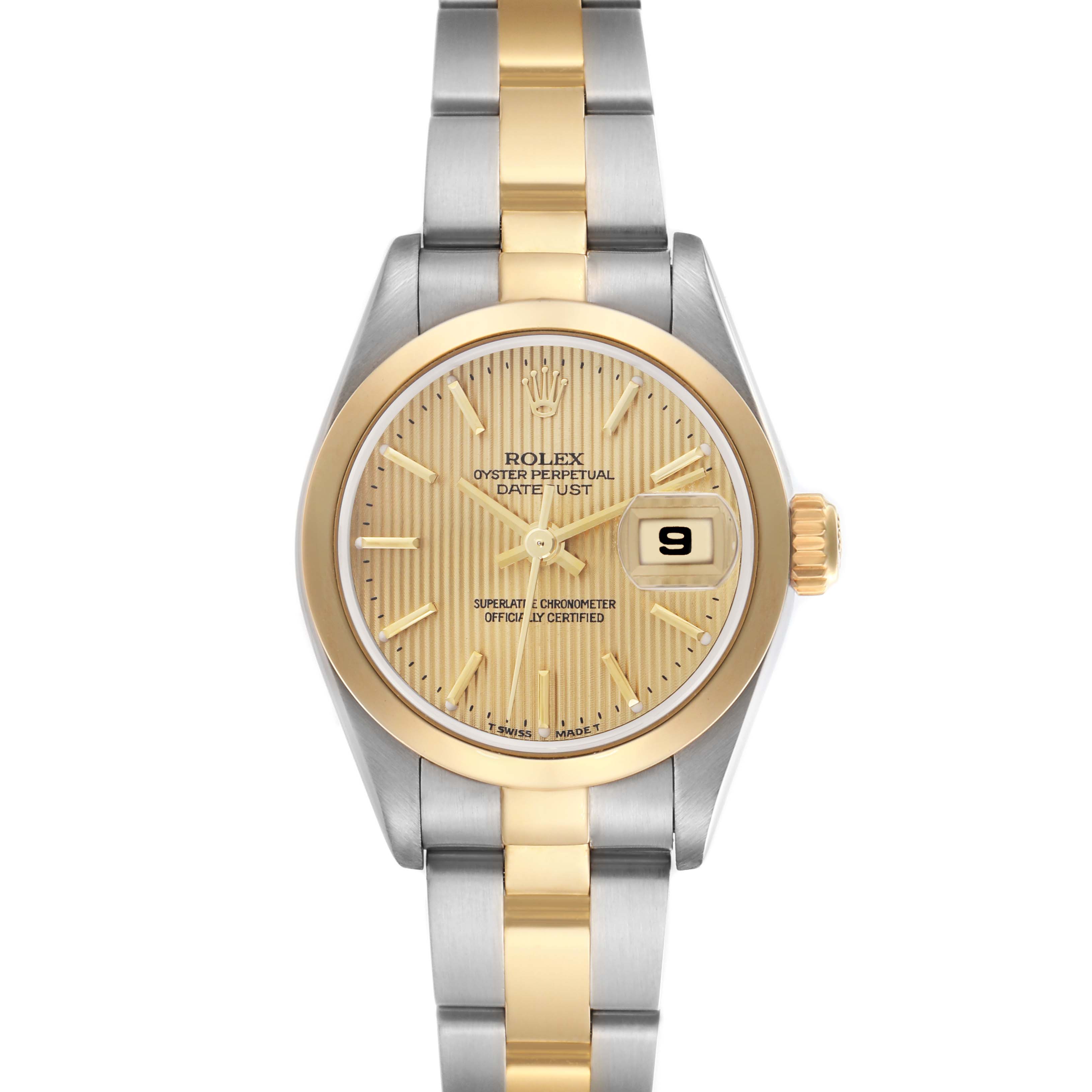 The Rolex Datejust 79163 Women's Steel and Gold (two tone) Champagne Dial 79163 Women's Steel and Gold (two tone) Champagne Dial watch is shown from a front-view angle, displaying the dial, bezel, and part of the bracelet.