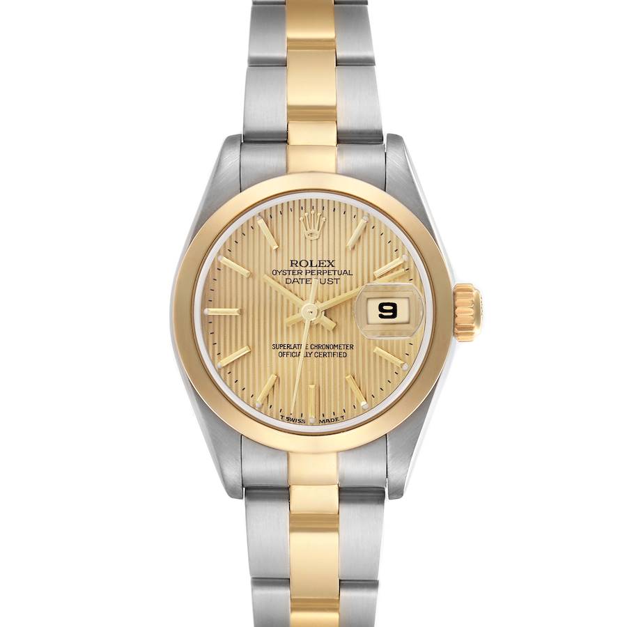 The Rolex Datejust watch is shown from a front-view angle, displaying the dial, bezel, and part of the bracelet.