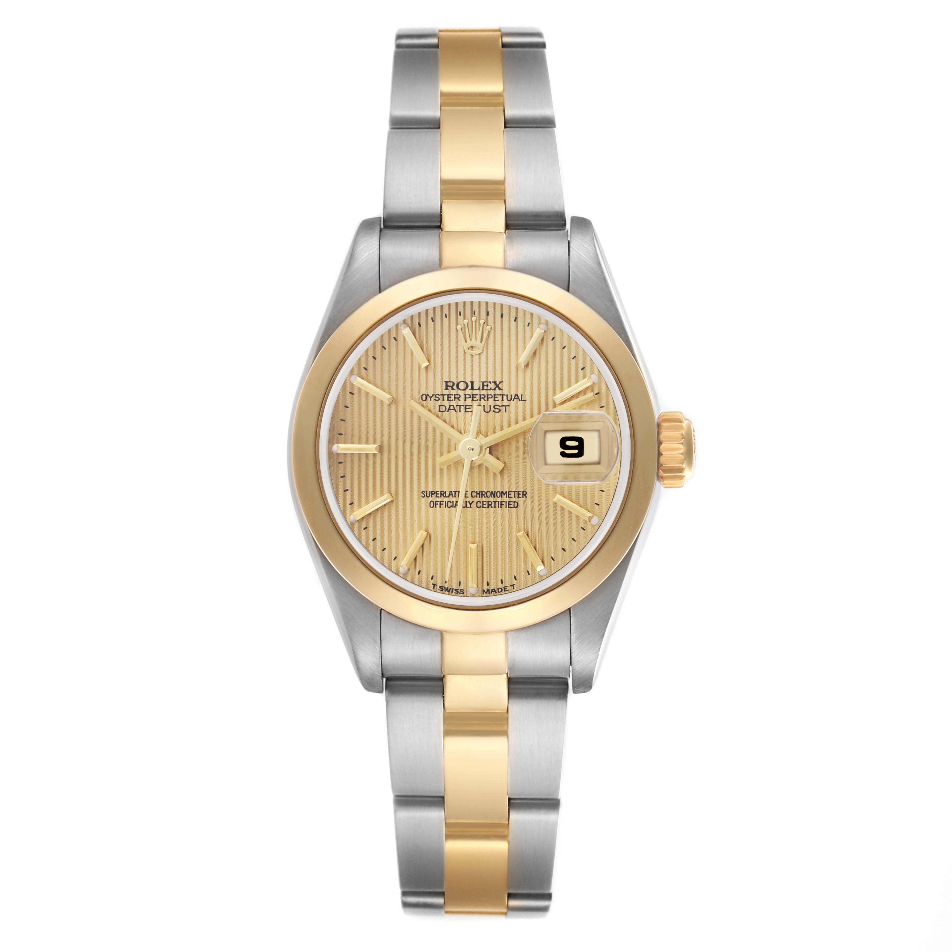 The Rolex Datejust 79163 Women's Steel and Gold (two tone) Champagne Dial 79163 Women's Steel and Gold (two tone) Champagne Dial watch is shown from a front angle, displaying the dial, bezel, bracelet, and date window.