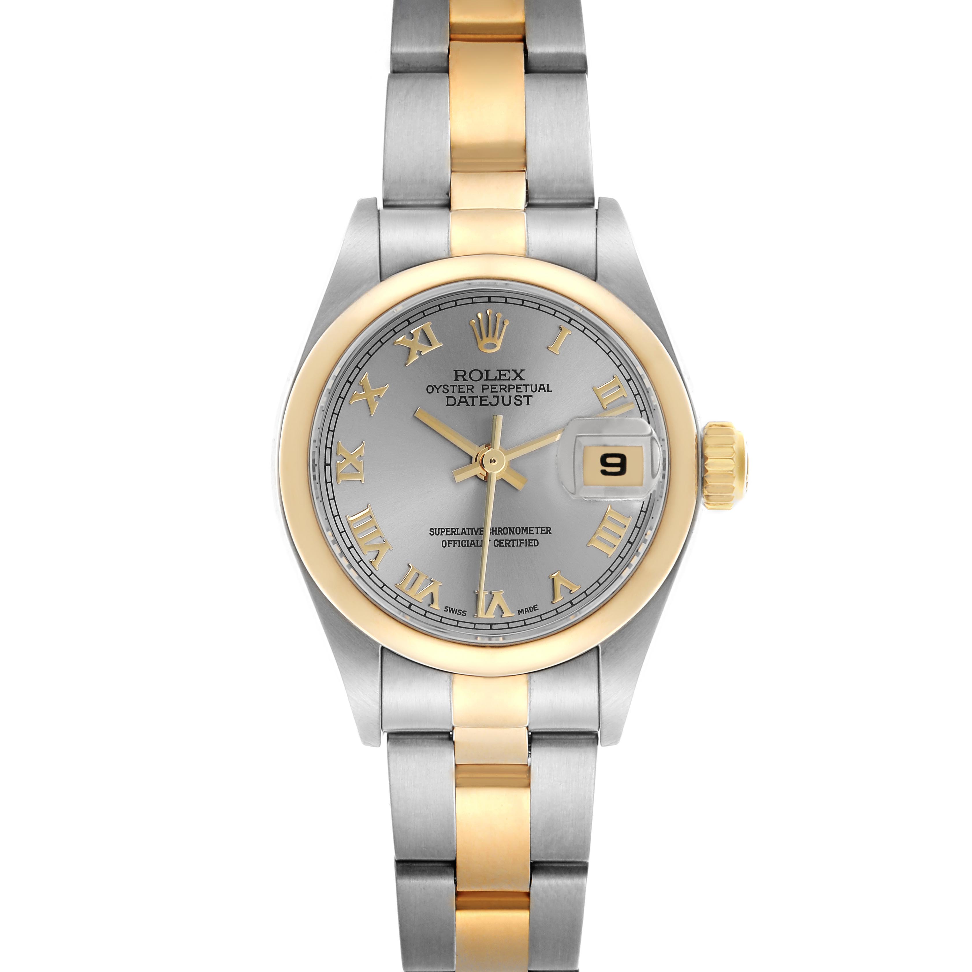 The Rolex Datejust 79163 Women's Steel and Gold (two tone) Grey Dial 79163 Women's Steel and Gold (two tone) Grey Dial is shown from the front, displaying the face, bracelet, hands, and date window.