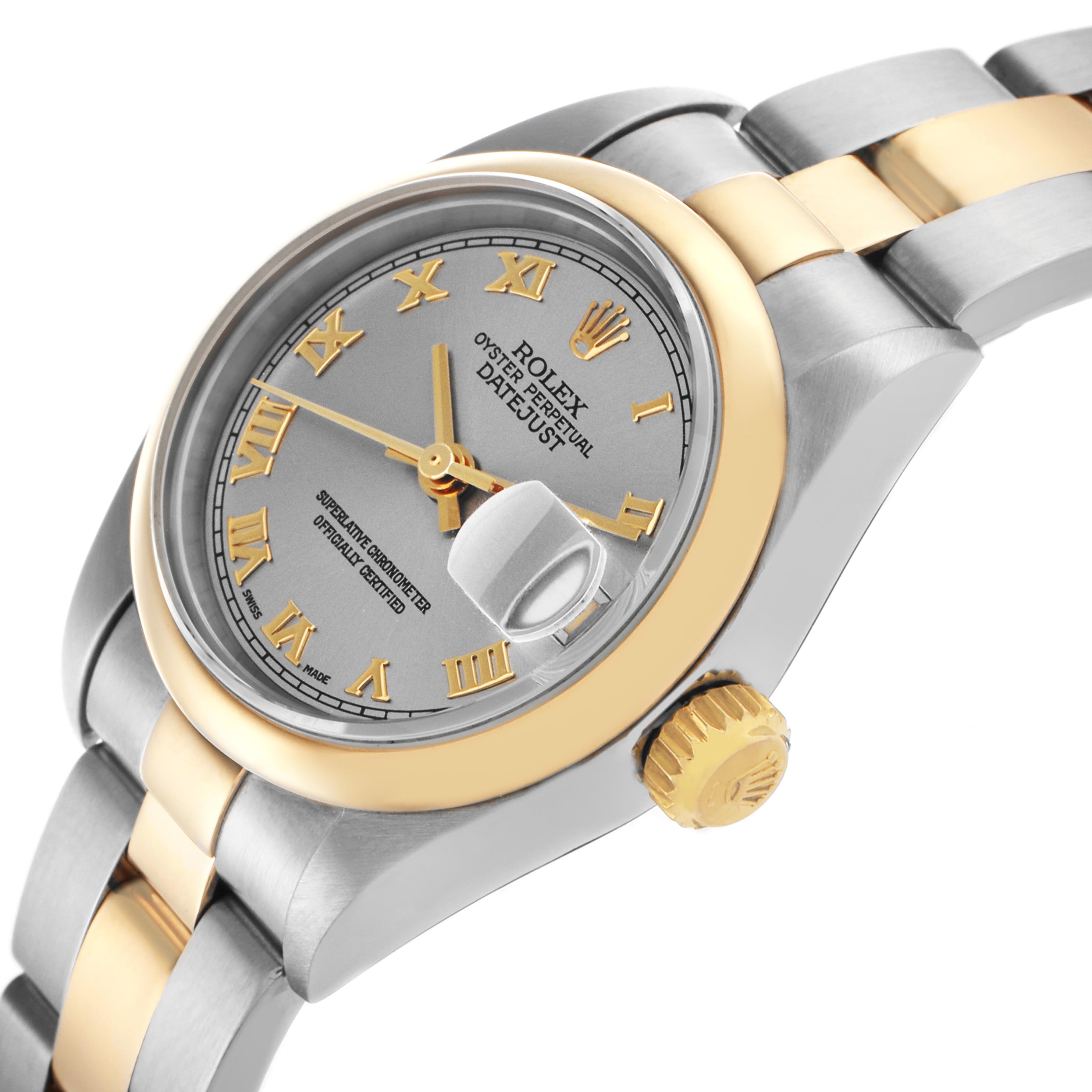 This Rolex Datejust 79163 Women's Steel and Gold (two tone) Grey Dial 79163 Women's Steel and Gold (two tone) Grey Dial watch is shown from a side angle, highlighting the case, bezel, bracelet, and crown.