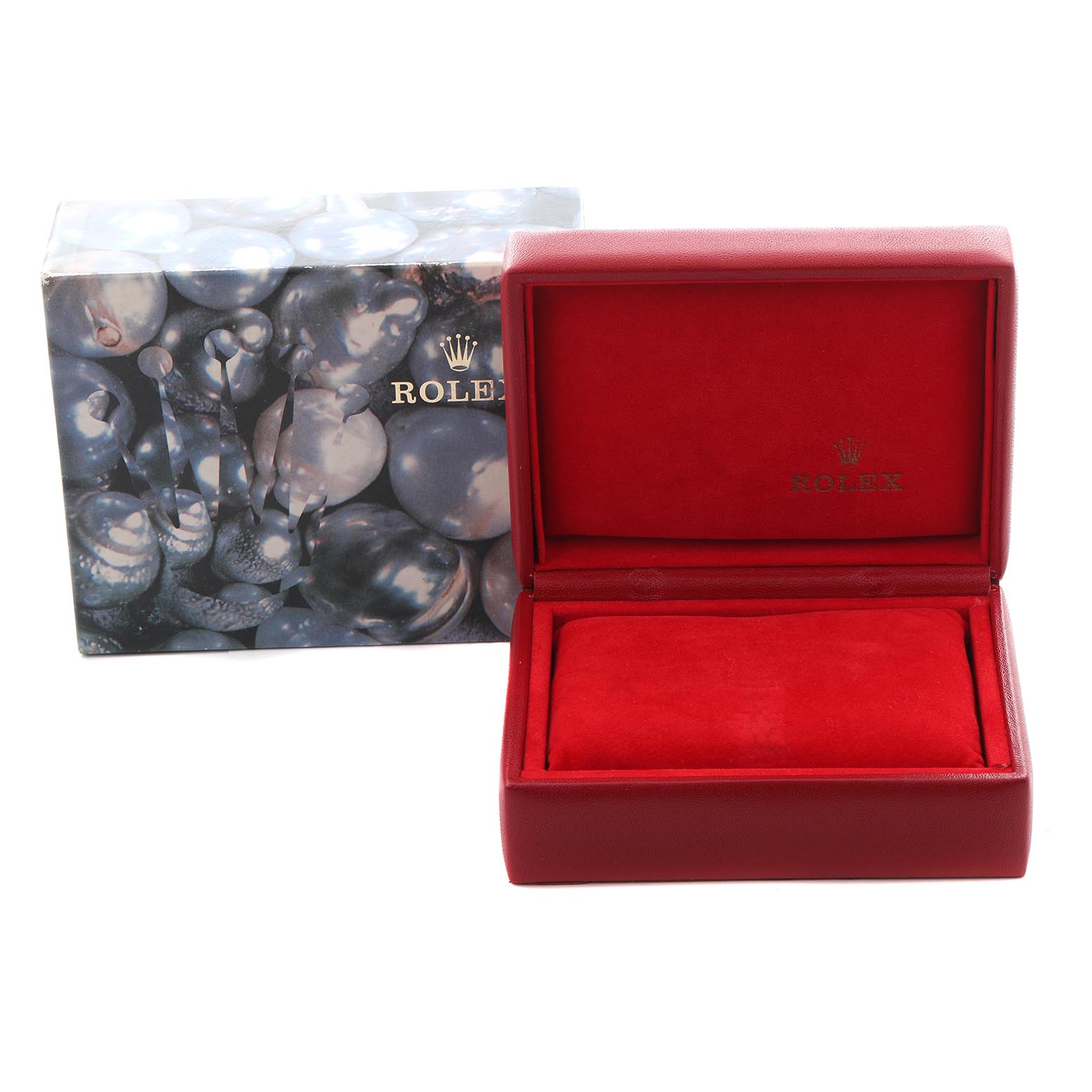 The image shows an open red Rolex Datejust 79163 Women's Steel and Gold (two tone) Grey Dial 79163 Women's Steel and Gold (two tone) Grey Dial watch box with a decorative outer box beside it.