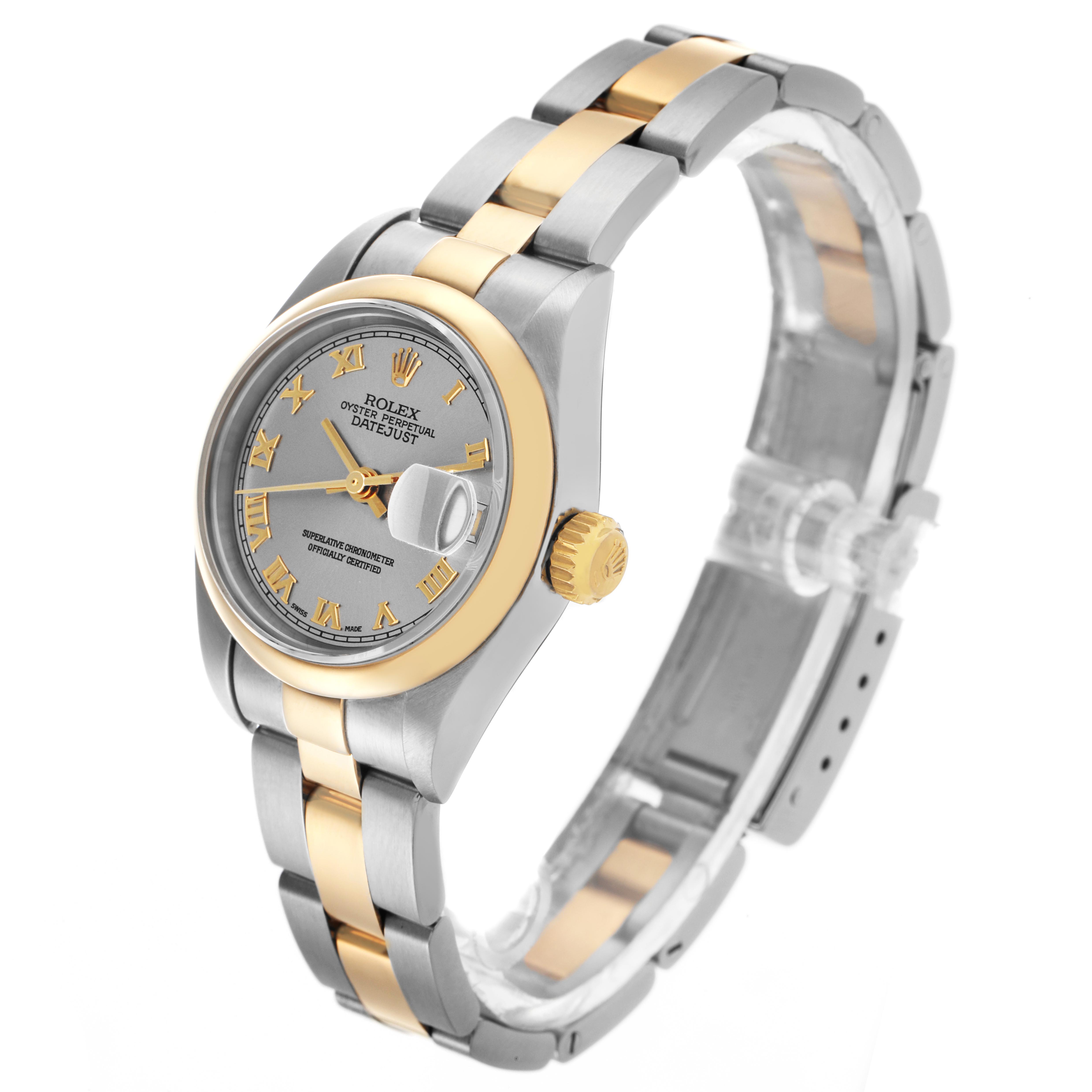 The Rolex Datejust 79163 Women's Steel and Gold (two tone) Grey Dial 79163 Women's Steel and Gold (two tone) Grey Dial watch is shown at a slight angle, displaying the face, bezel, crown, and part of the bracelet.