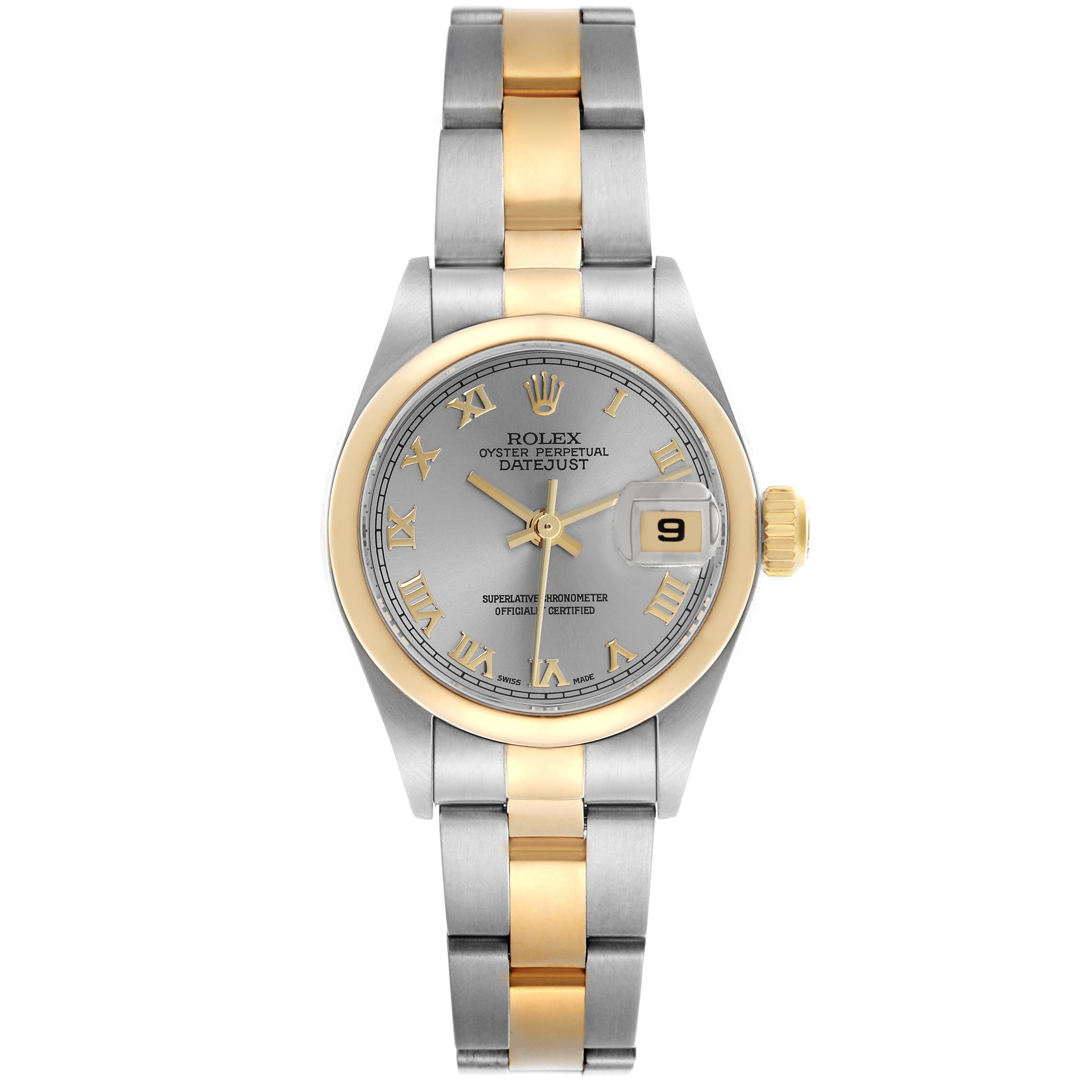 The Rolex Datejust 79163 Women's Steel and Gold (two tone) Grey Dial 79163 Women's Steel and Gold (two tone) Grey Dial watch is shown from the front, displaying its face, dial, and bracelet.