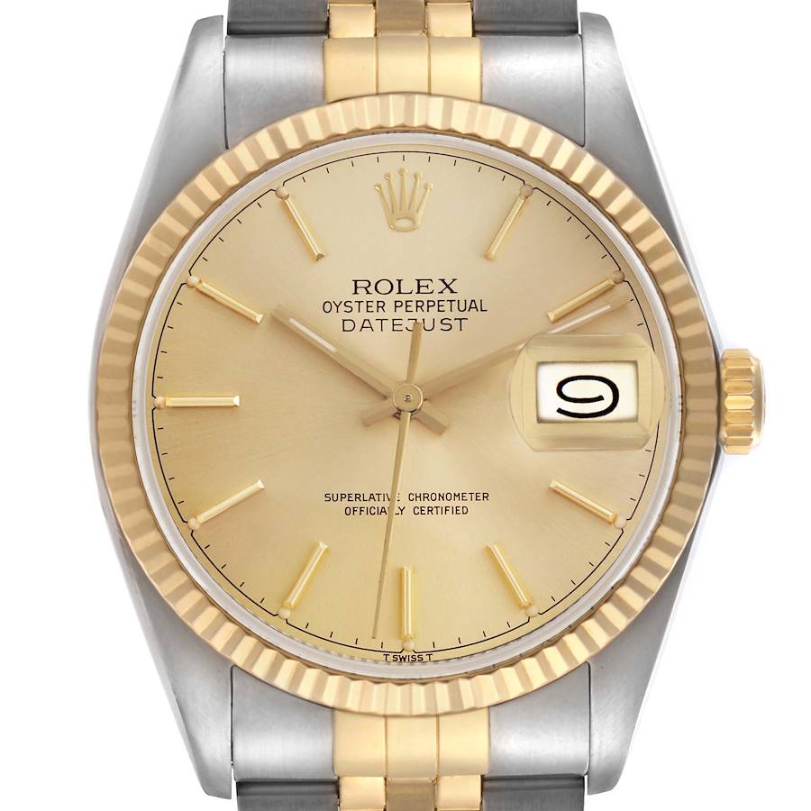 The Rolex Datejust watch is shown from the front, highlighting the dial, bezel, and part of the bracelet.