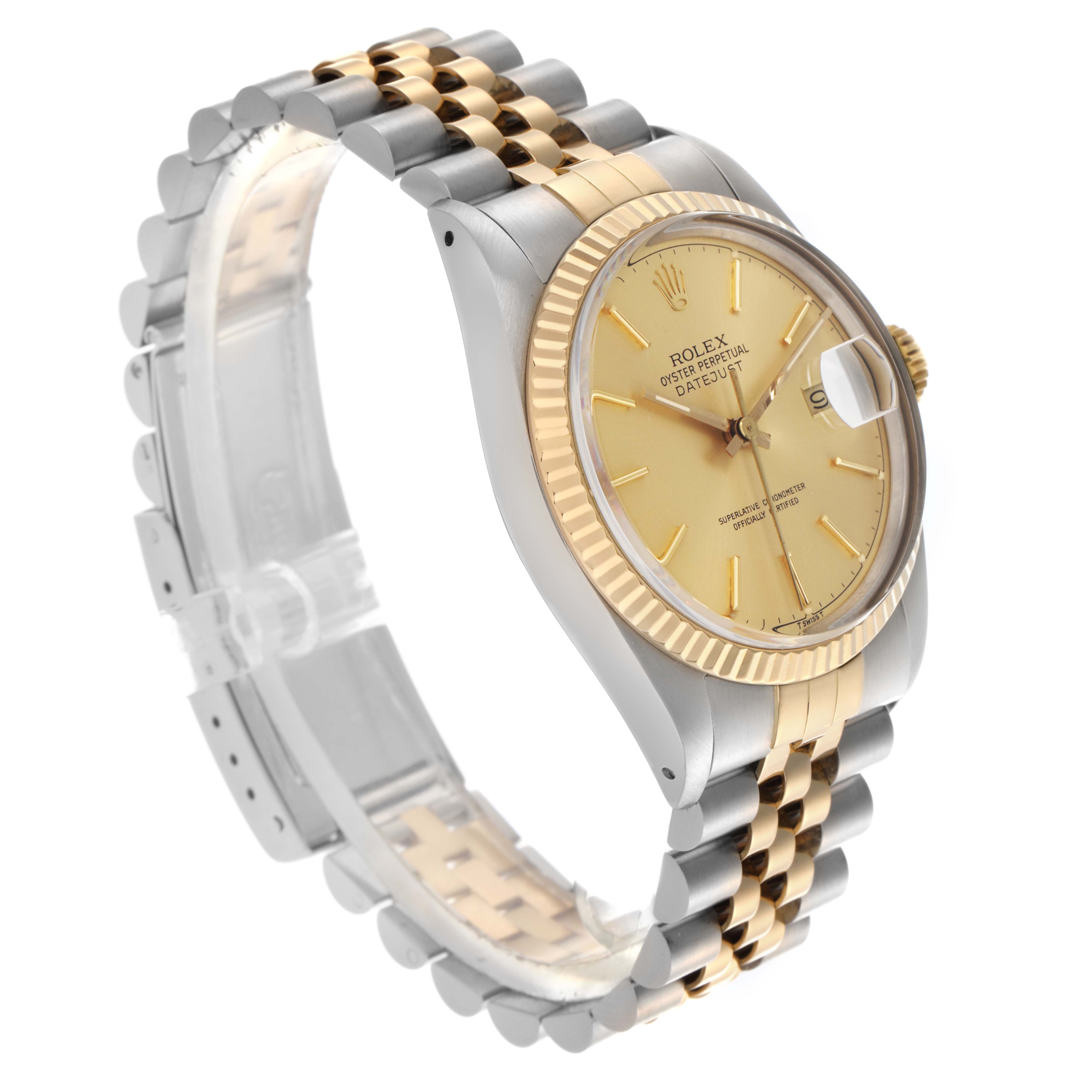 The Rolex Datejust 16013 Men
s Steel and Gold (two tone) Champagne Dial 16013 Men
s Steel and Gold (two tone) Champagne Dial watch is shown at an angled view, displaying the face, bezel, and jubilee bracelet.