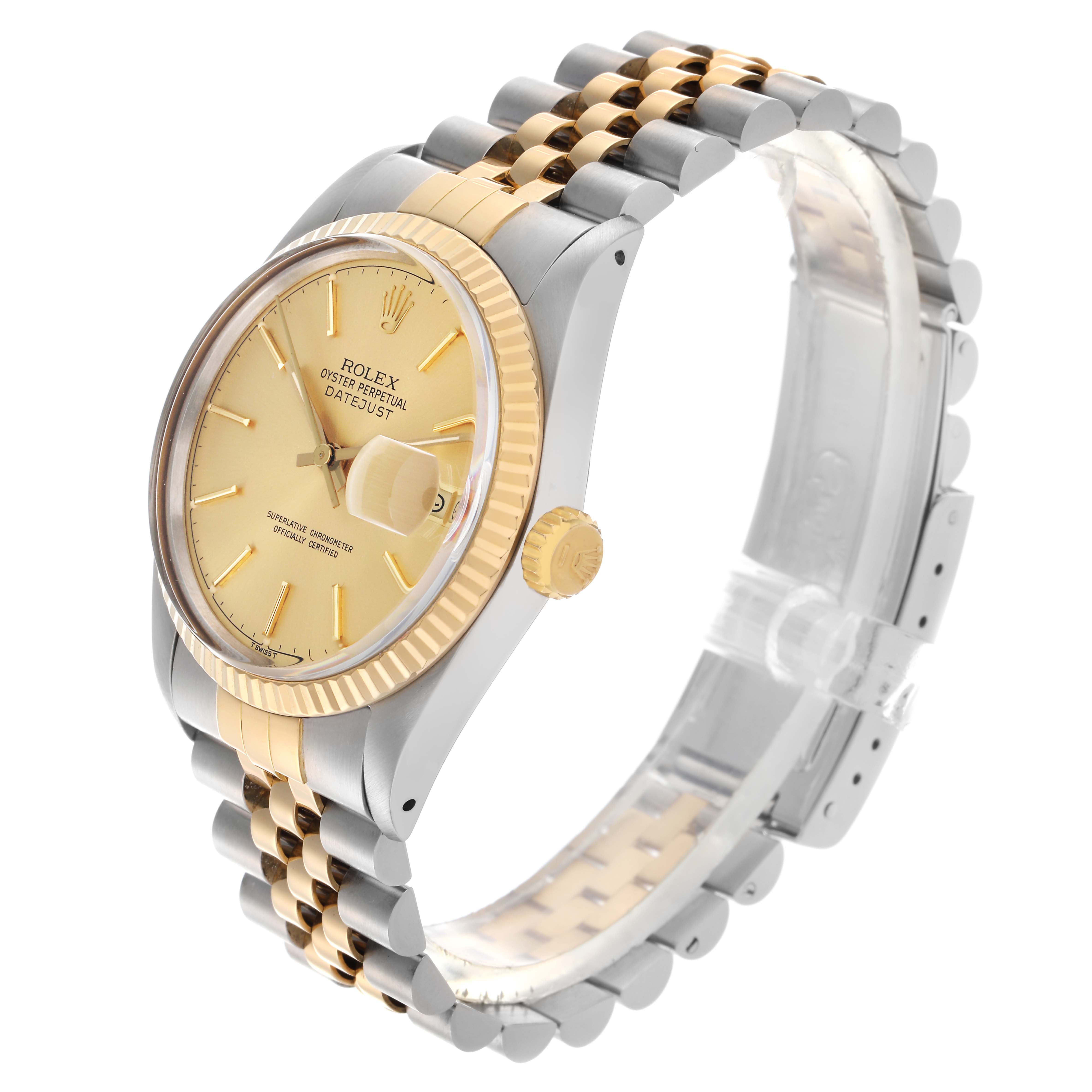 The image shows a Rolex Datejust 16013 Men
s Steel and Gold (two tone) Champagne Dial 16013 Men
s Steel and Gold (two tone) Champagne Dial watch at an angled side view, highlighting the face, bezel, and two-tone bracelet.